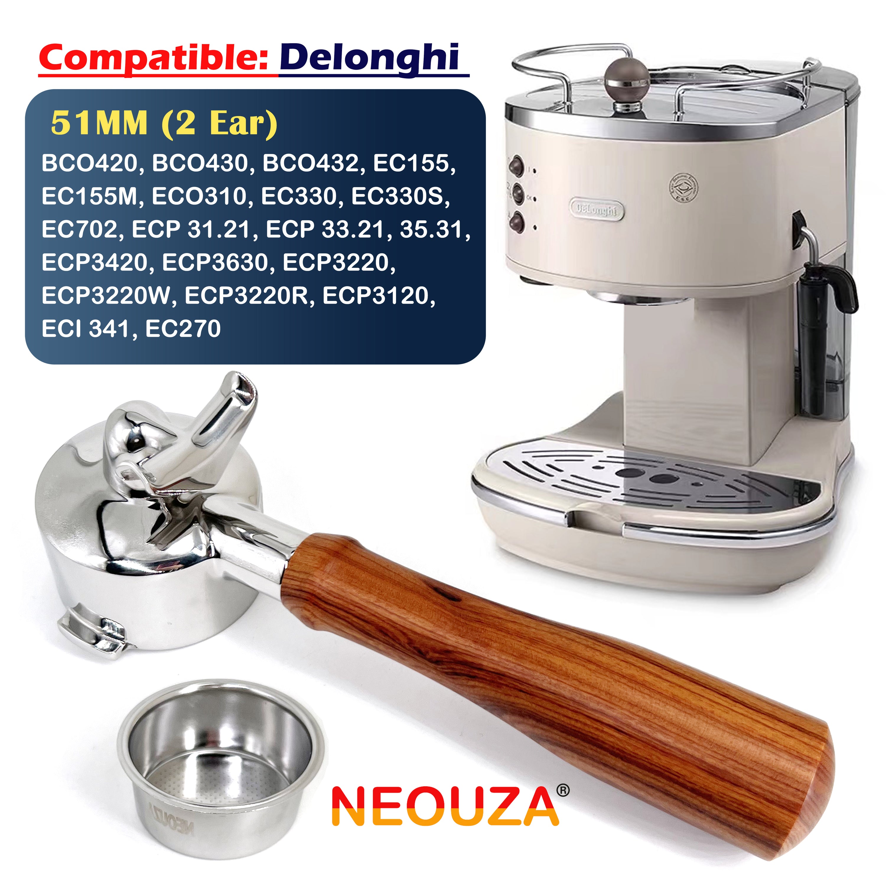 Portafiltro NEOUZA de 51 mm y 2 orejas, compatible con cafeteras espresso De'Longhi BCO420, BCO430, BCO432, EC155, ECO310, EC330, ECP 31.21, 33.21, 35.31, ECP3420, ECP3630, ECP3220, EC270, cesta no presurizada de acero inoxidable, dos caños