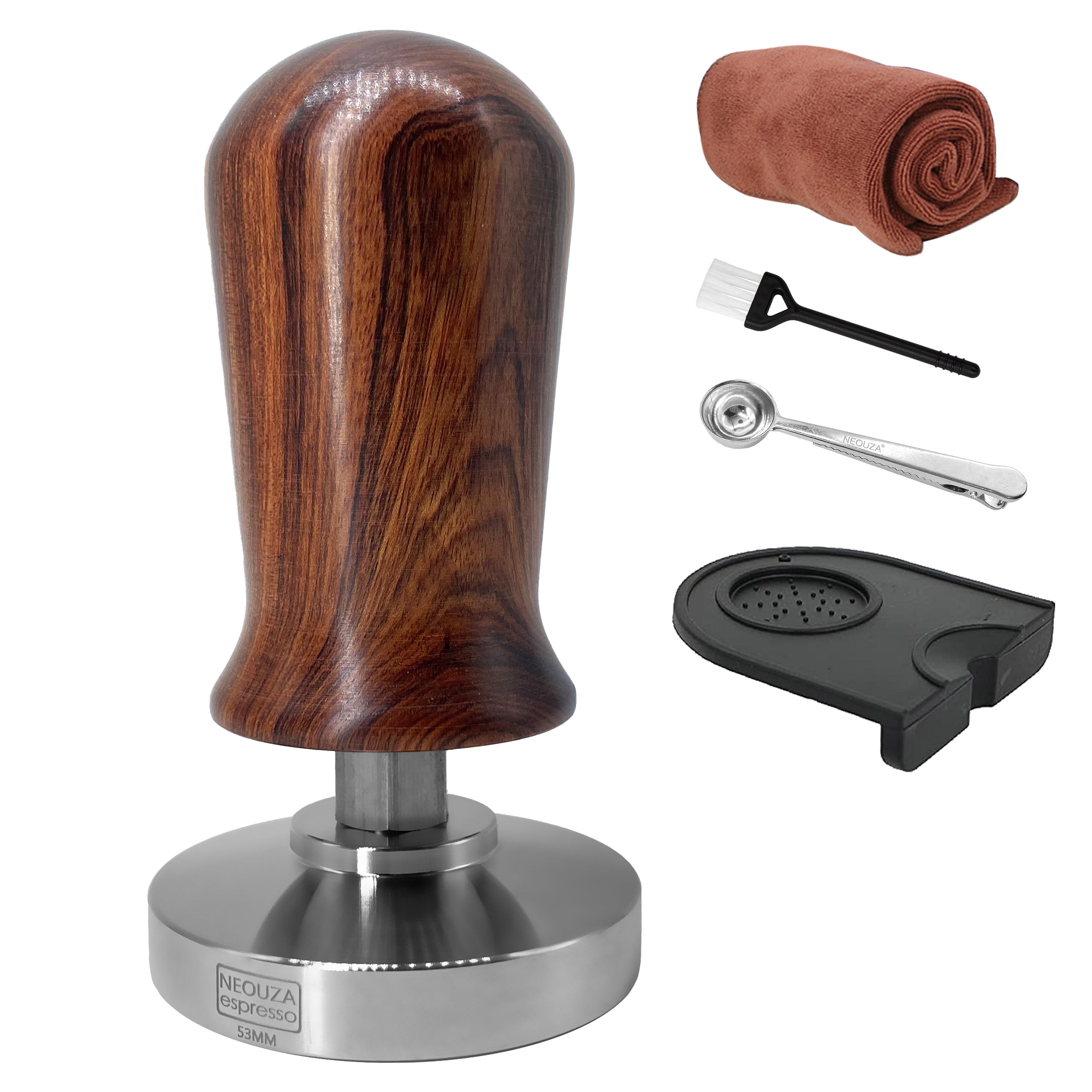 NEOUZA Kalibrierter Tamper für Espresso und Kaffee, 51 mm, 53 mm, 58 mm, Tamper, professioneller Druckkaffee-Presshammer – 304 Edelstahl, flache Basis mit gefedertem Holzgriff für Barista
