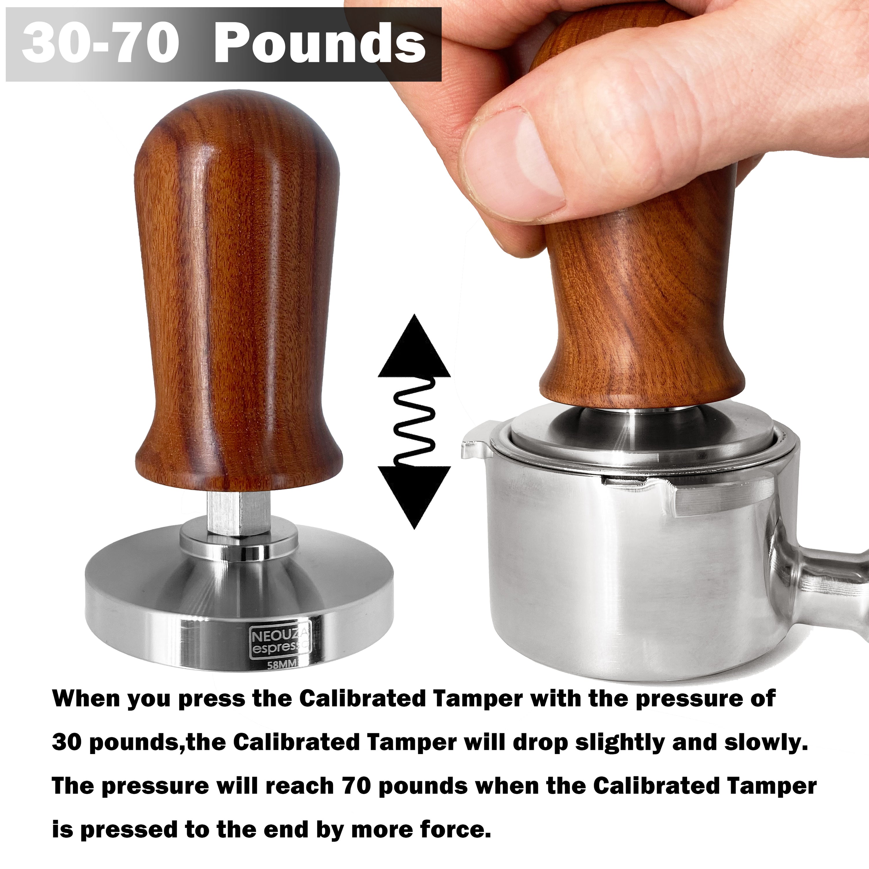 NEOUZA Kalibrierter Tamper für Espresso und Kaffee, 51 mm, 53 mm, 58 mm, Tamper, professioneller Druckkaffee-Presshammer – 304 Edelstahl, flache Basis mit gefedertem Holzgriff für Barista