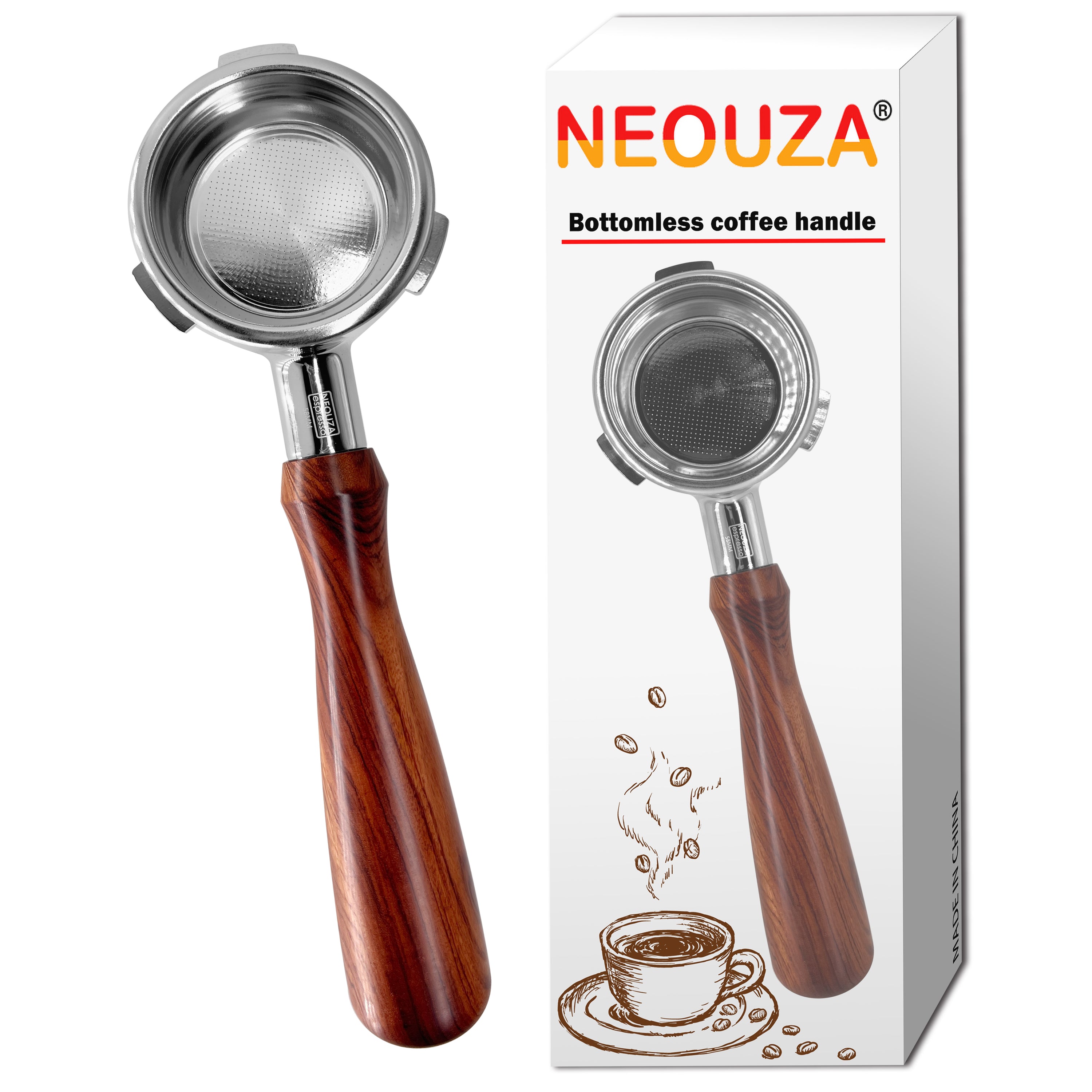 NEOUZA 58mm Bottomless Three-Ear Portafilter, Fits Barsetto, Breville, Sage, Oster, Duchess & More, Stainless Steel