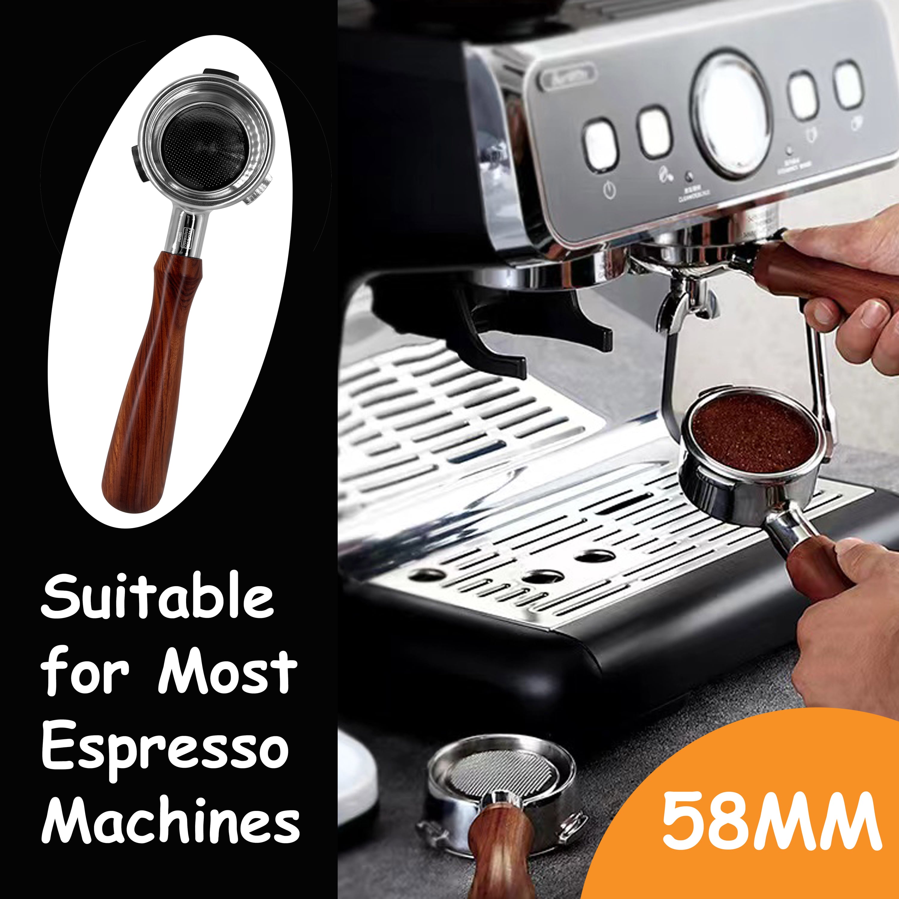 NEOUZA 58mm Bottomless Three-Ear Portafilter, Fits Barsetto, Breville, Sage, Oster, Duchess & More, Stainless Steel