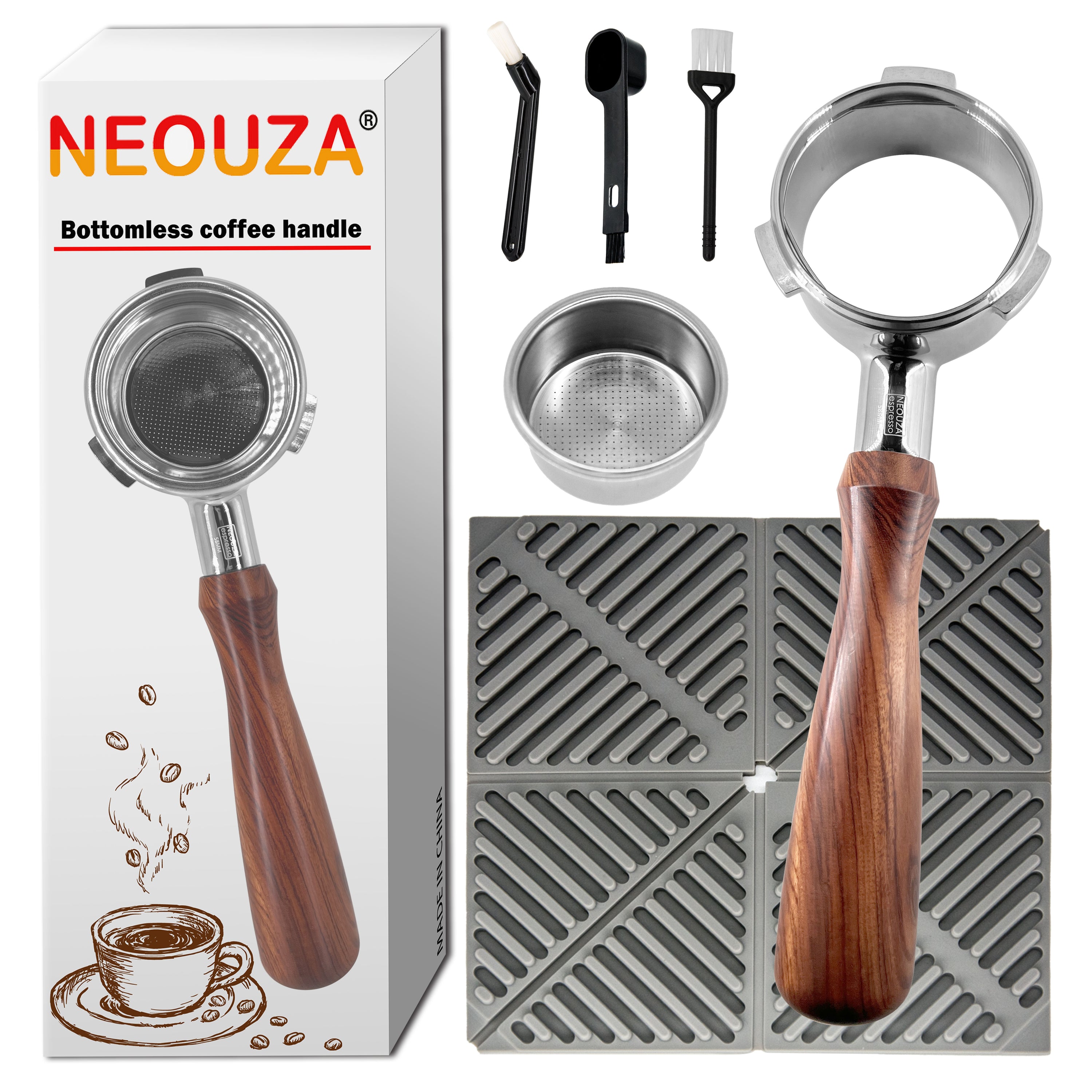 NEOUZA 58mm Bottomless Three-Ear Portafilter, Fits Barsetto, Breville, Sage, Oster, Duchess & More, Stainless Steel