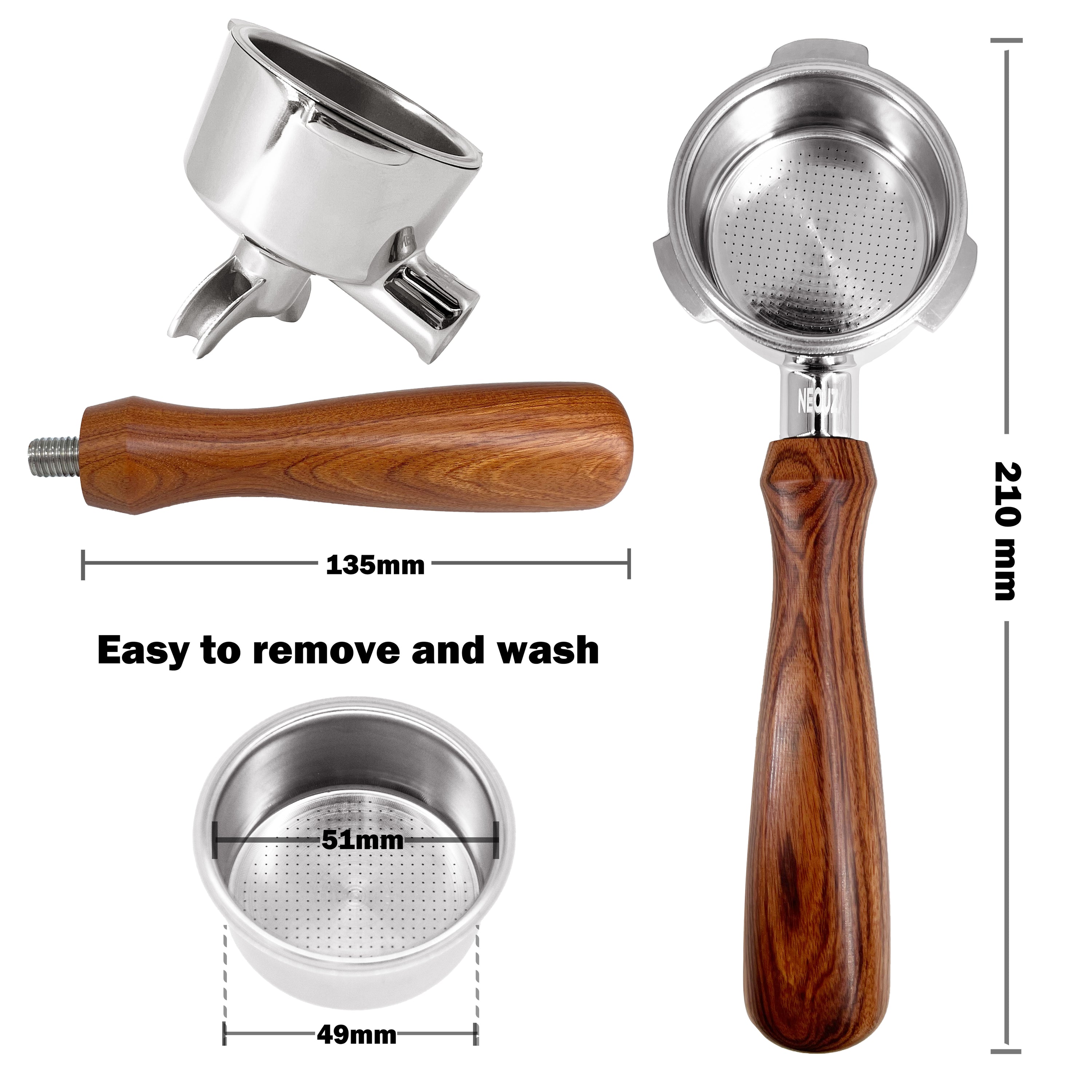 NEOUZA 51mm Portafilter with Two Spouts & Non-Pressurized Basket, Fits Donlim, Duchess, Giselle, Gevi & More, Stainless Steel