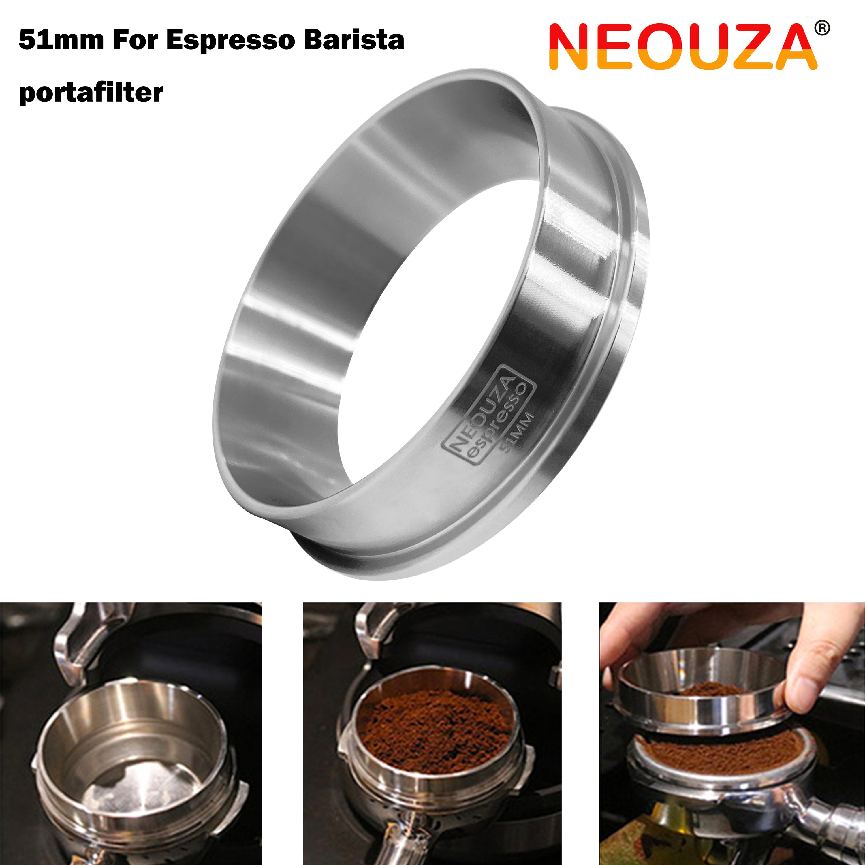 NEOUZA Coffee Espresso Dosing Funnel Ring 51mm/53mm/58mm Stainless Steel  Catcher Fits for Espresso Barista Filter Basket Portafilter