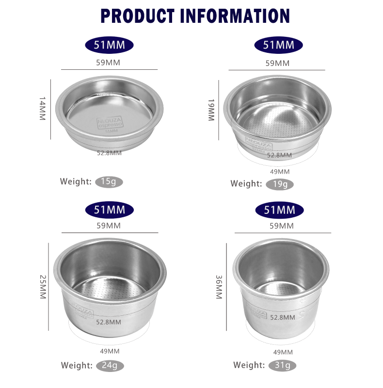 Neouza Filter Basket 51mm for Espresso Coffee Machine,Compatible with 51mm portafilter,1/2/4 Cup