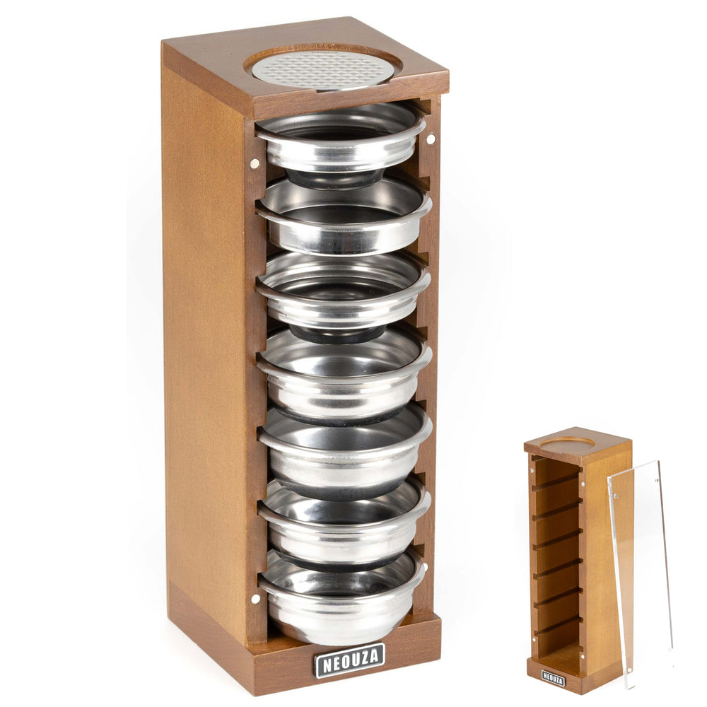 NEOUZA 51mm/58mm Espresso Filter Basket Stand, Compatible with Portafilter, Filter Basket & Puck Screen, Holds Up to 7 Baskets, Removable Door, Beech Wood