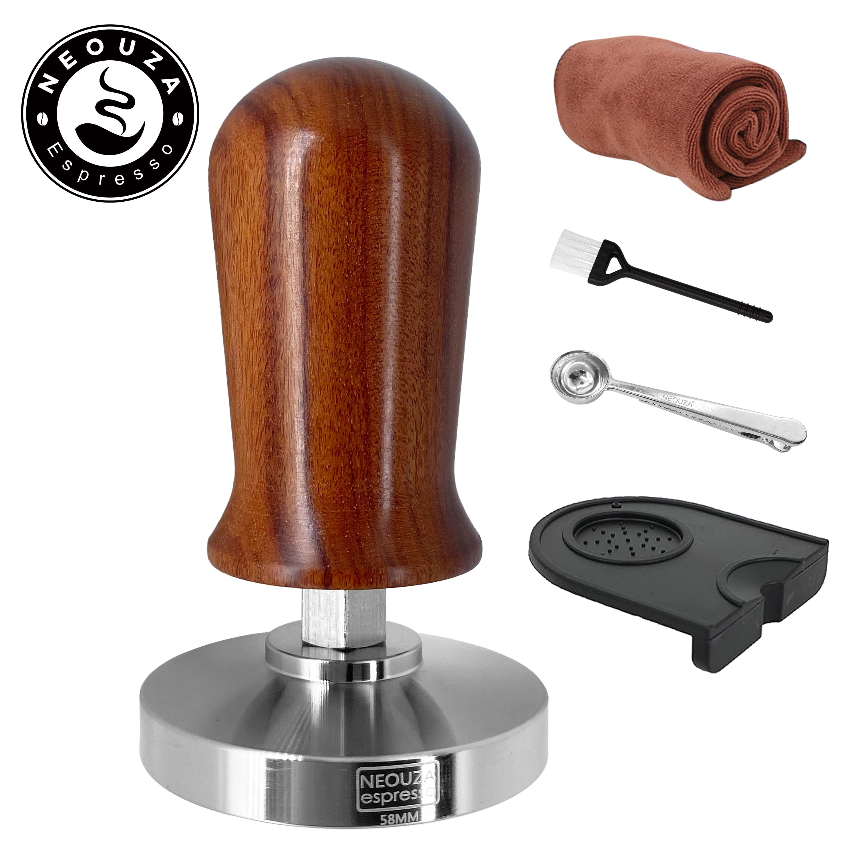 NEOUZA Kalibrierter Tamper für Espresso und Kaffee, 51 mm, 53 mm, 58 mm, Tamper, professioneller Druckkaffee-Presshammer – 304 Edelstahl, flache Basis mit gefedertem Holzgriff für Barista
