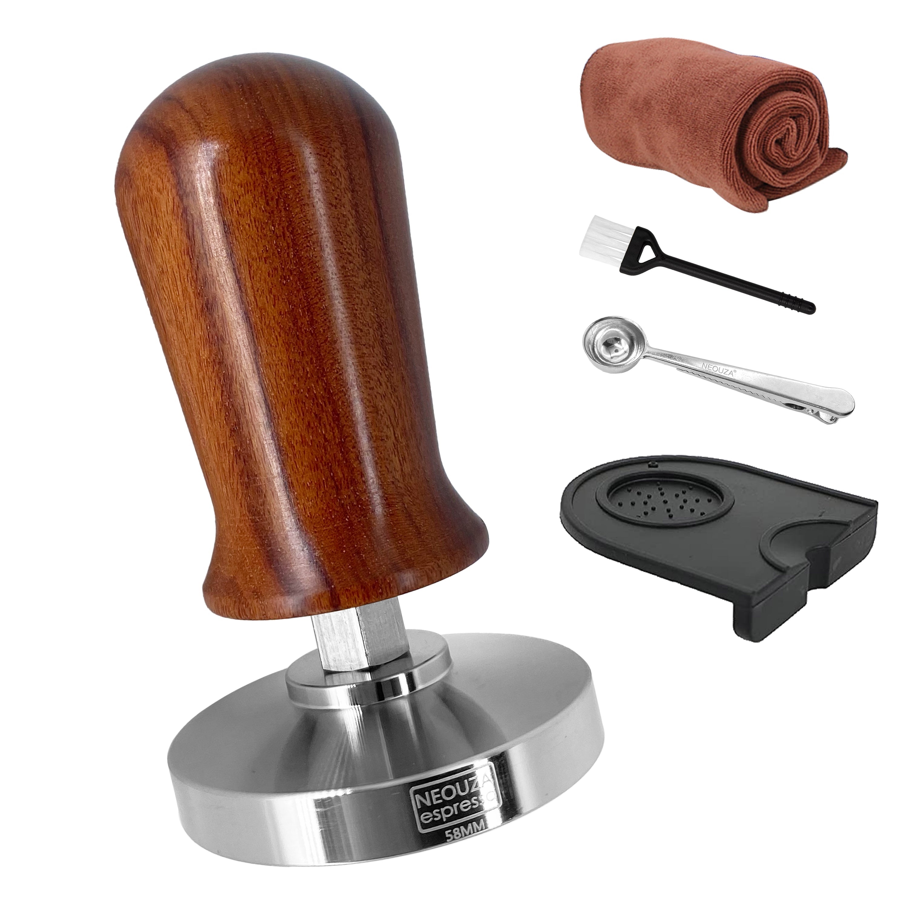 NEOUZA Kalibrierter Tamper für Espresso und Kaffee, 51 mm, 53 mm, 58 mm, Tamper, professioneller Druckkaffee-Presshammer – 304 Edelstahl, flache Basis mit gefedertem Holzgriff für Barista