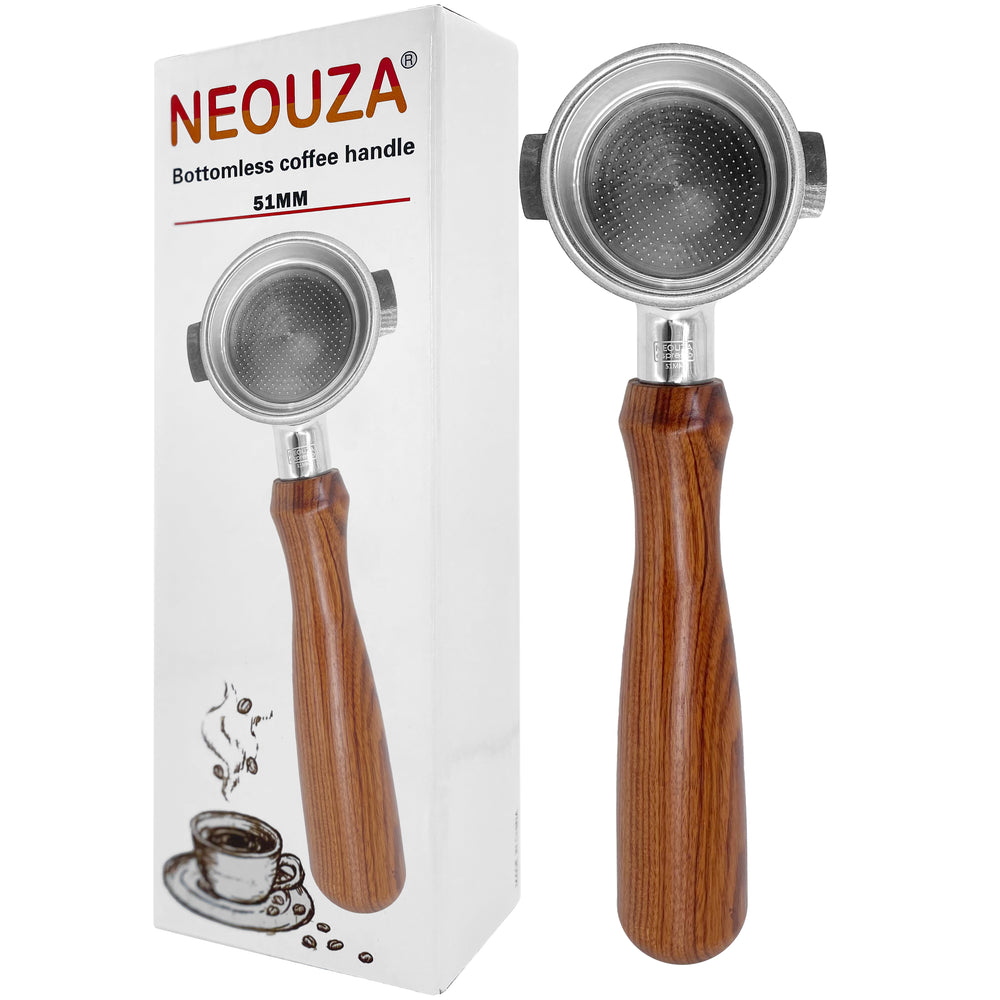 NEOUZA 51mm Bottomless Portafilter for De'Longhi ECP & Icona Series, Wooden Handle, 2-Ear Design with Filter Basket