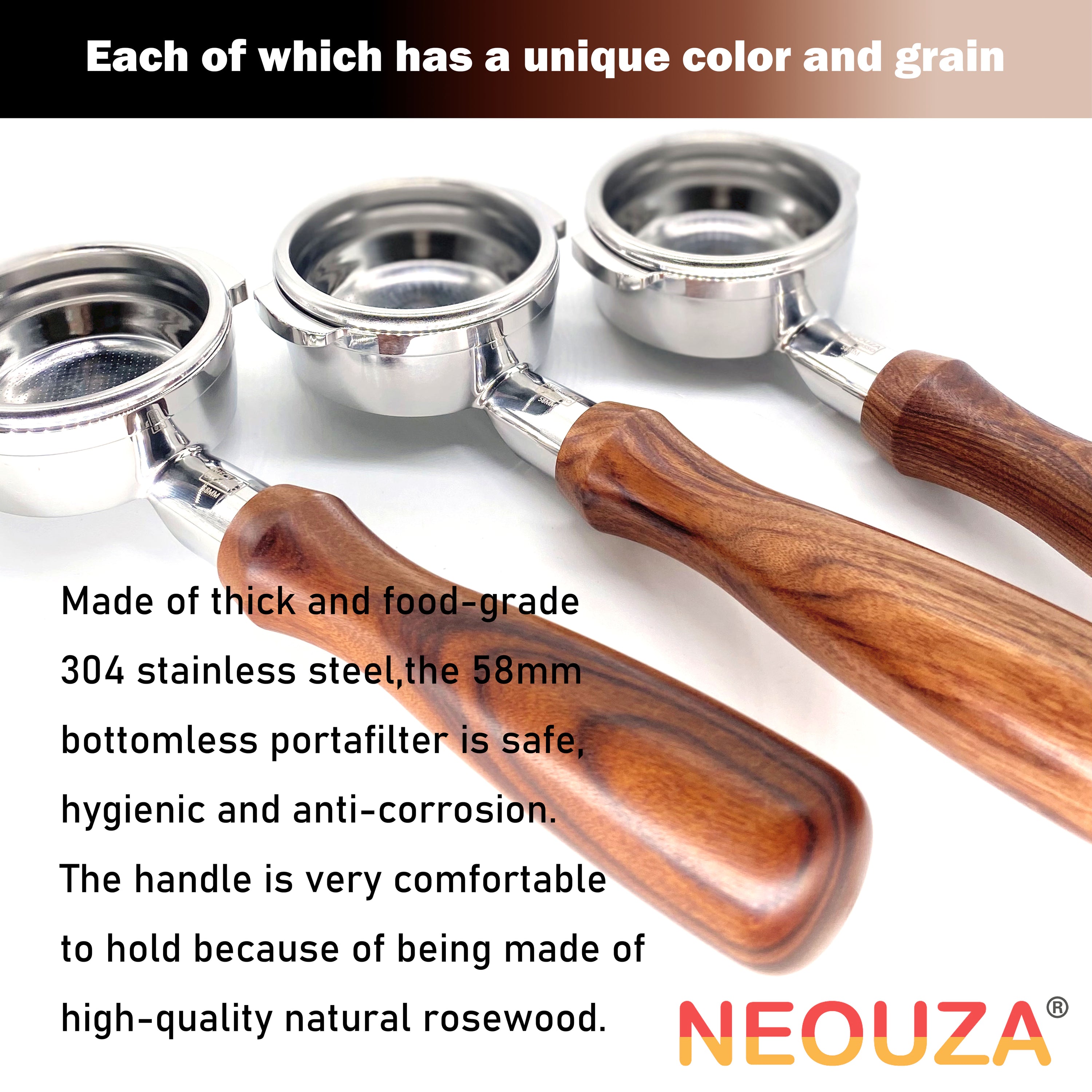 NEOUZA 58mm Bottomless Three-Ear Portafilter, Fits Barsetto, Breville, Sage, Oster, Duchess & More, Stainless Steel