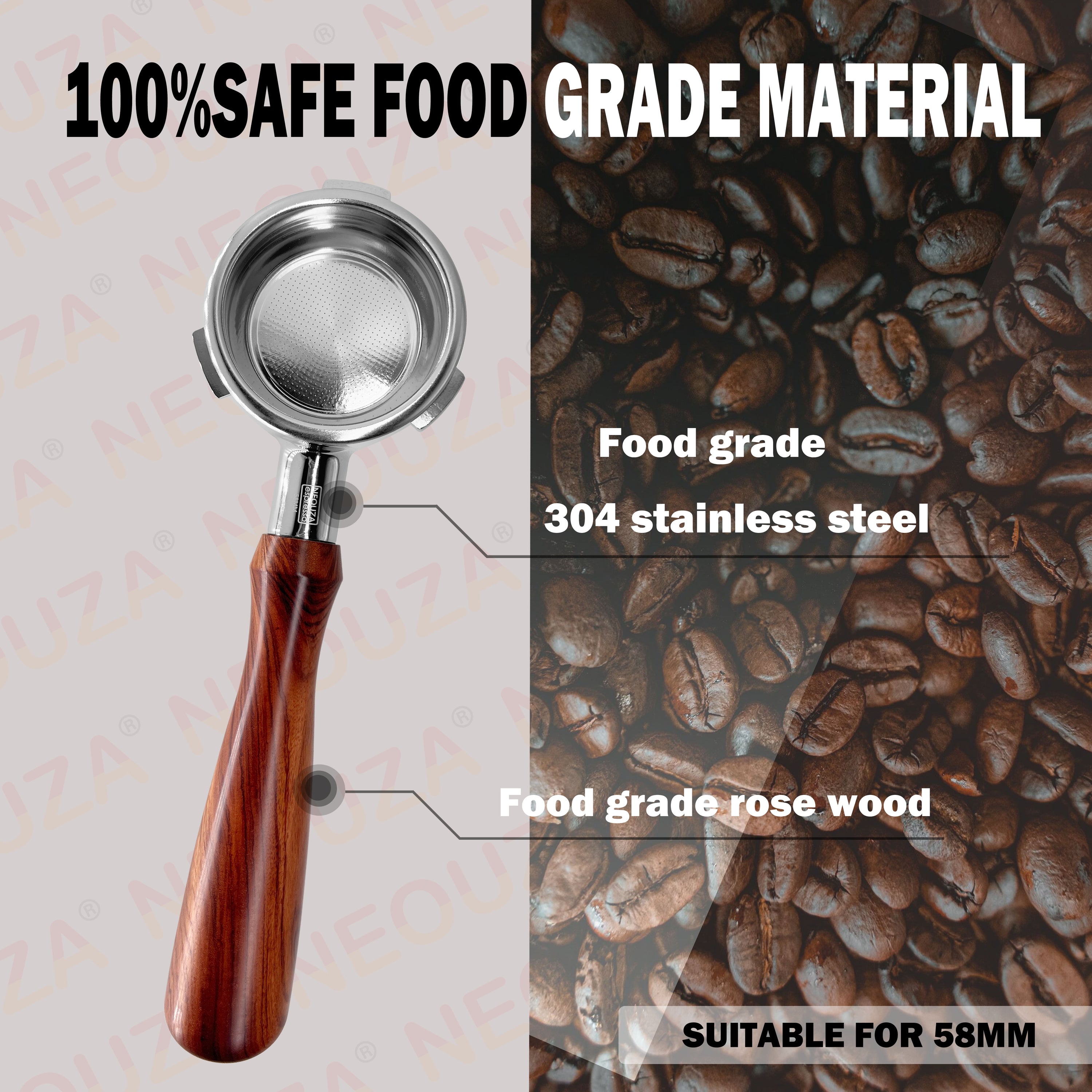 NEOUZA 58mm Bottomless Three-Ear Portafilter, Fits Barsetto, Breville, Sage, Oster, Duchess & More, Stainless Steel