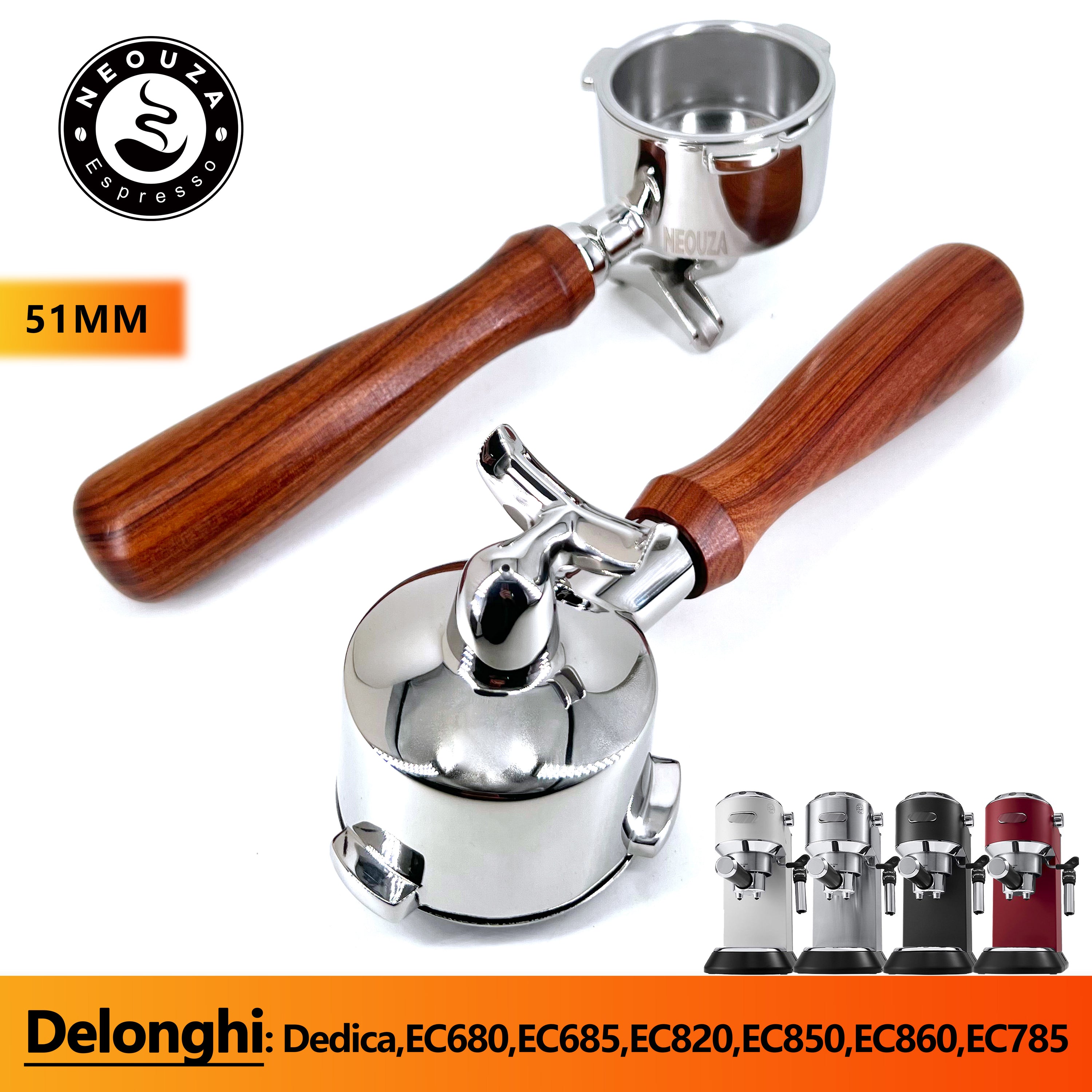 Portafiltro NEOUZA de 51 mm compatible con cafeteras espresso De'Longhi EC680/EC685/EC820/EC850/EC860/EC785/EC885 Cesta de acero inoxidable sin presión Dos caños