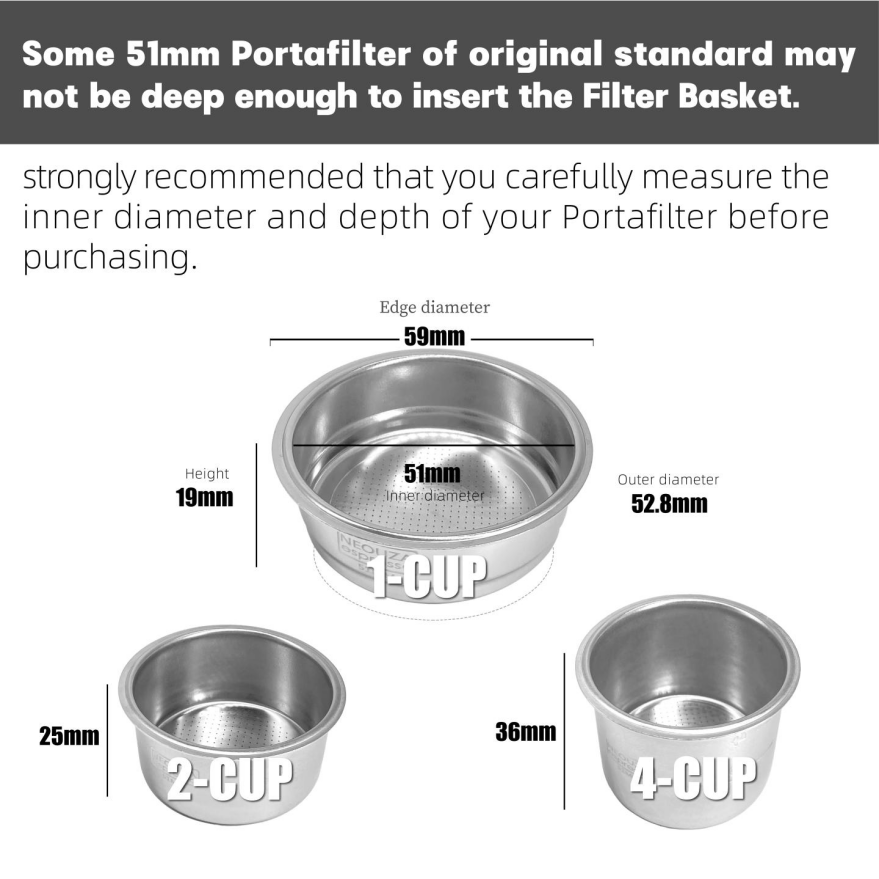 Neouza Filter Basket 51mm for Espresso Coffee Machine,Compatible with 51mm portafilter,1/2/4 Cup