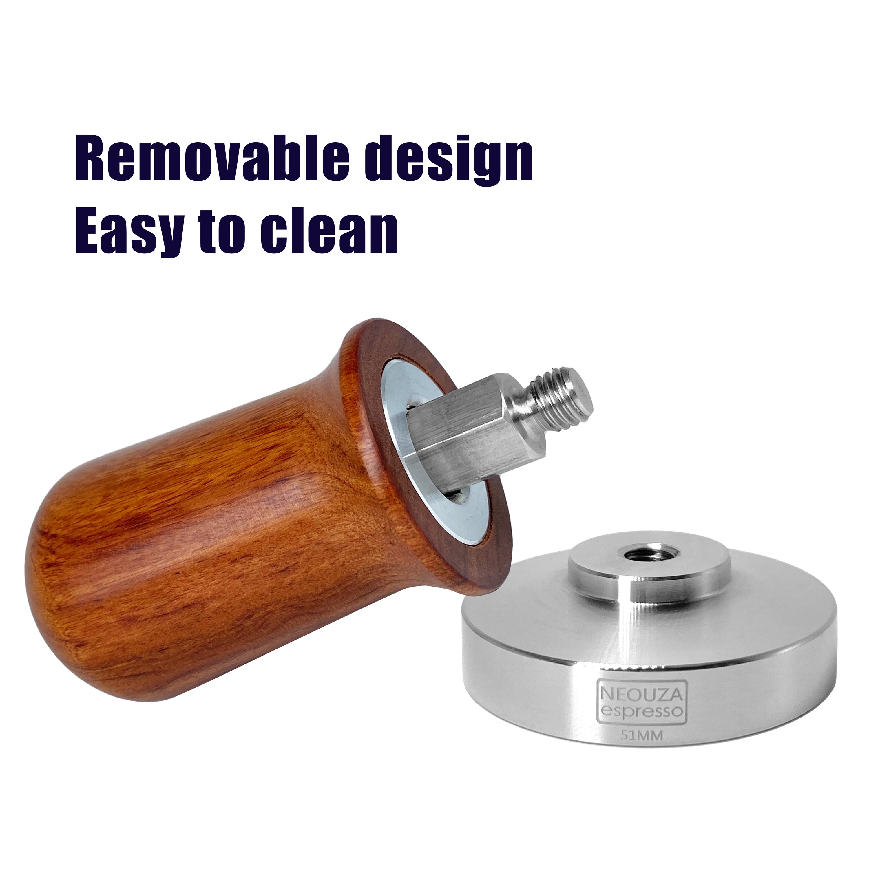 NEOUZA Kalibrierter Tamper für Espresso und Kaffee, 51 mm, 53 mm, 58 mm, Tamper, professioneller Druckkaffee-Presshammer – 304 Edelstahl, flache Basis mit gefedertem Holzgriff für Barista
