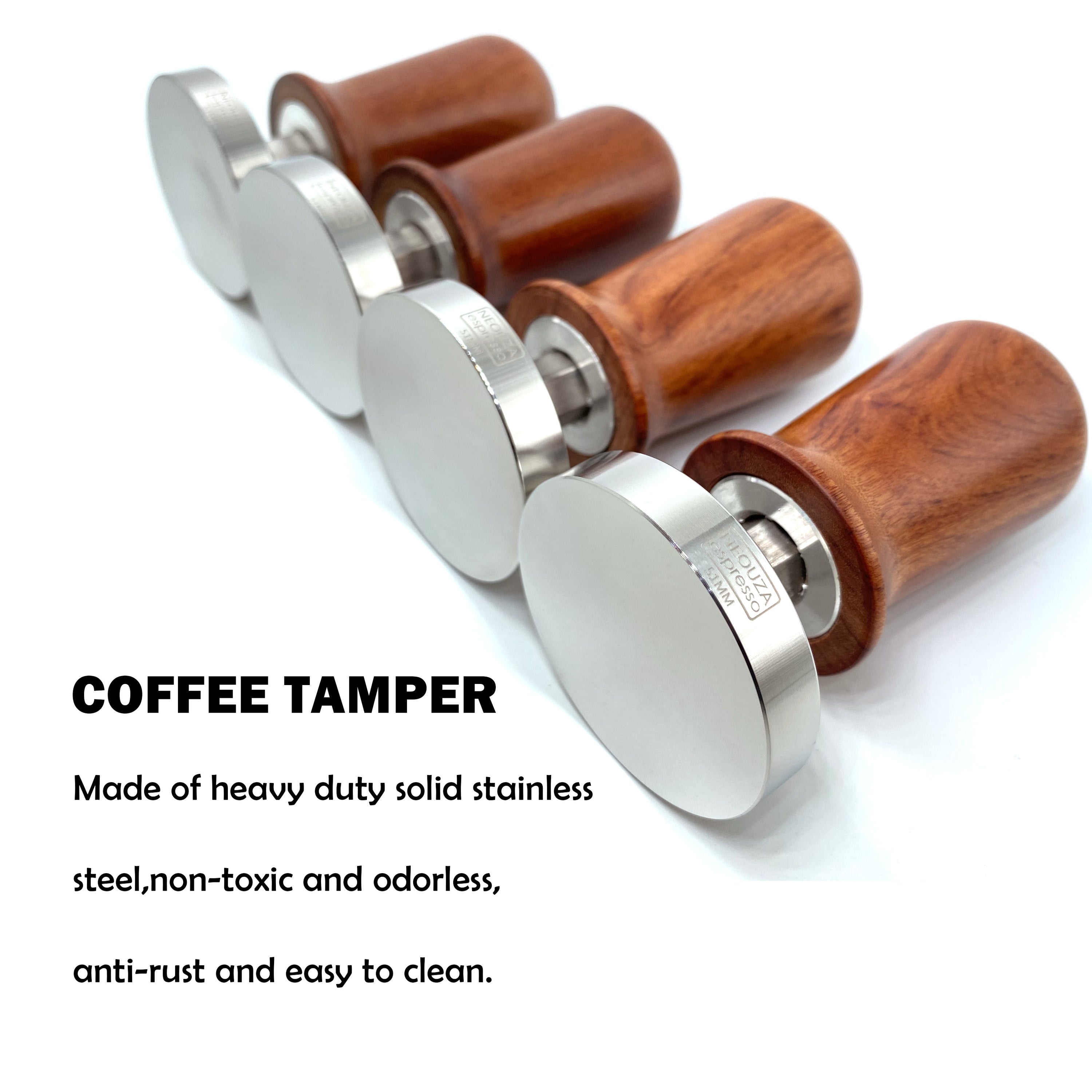 NEOUZA Kalibrierter Tamper für Espresso und Kaffee, 51 mm, 53 mm, 58 mm, Tamper, professioneller Druckkaffee-Presshammer – 304 Edelstahl, flache Basis mit gefedertem Holzgriff für Barista