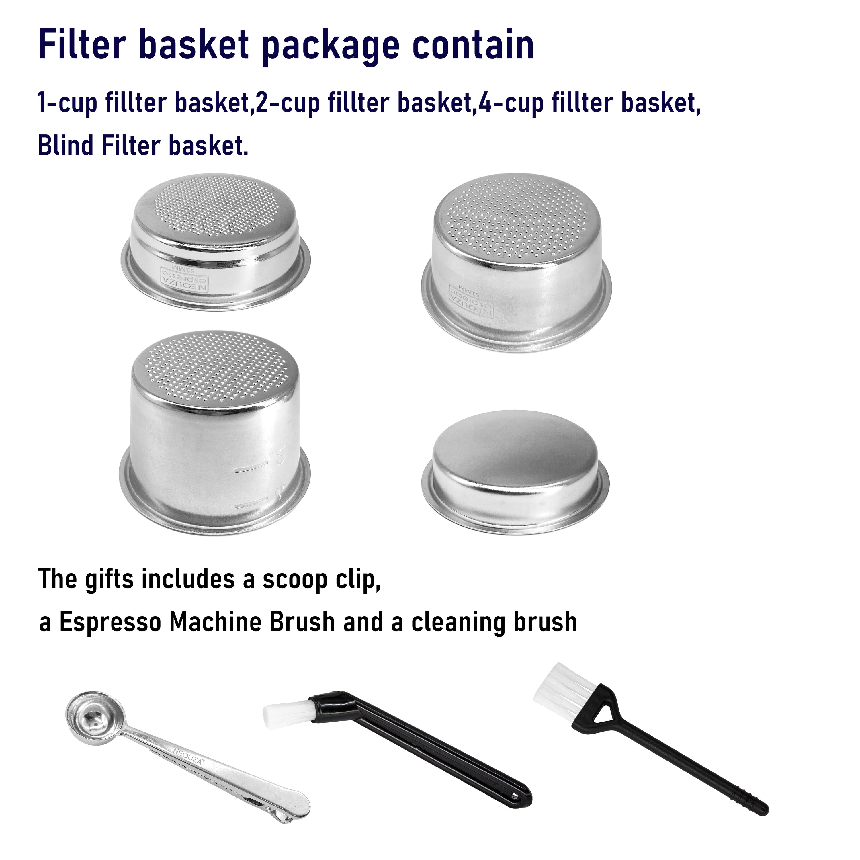 Neouza Filter Basket 51mm for Espresso Coffee Machine,Compatible with 51mm portafilter,1/2/4 Cup