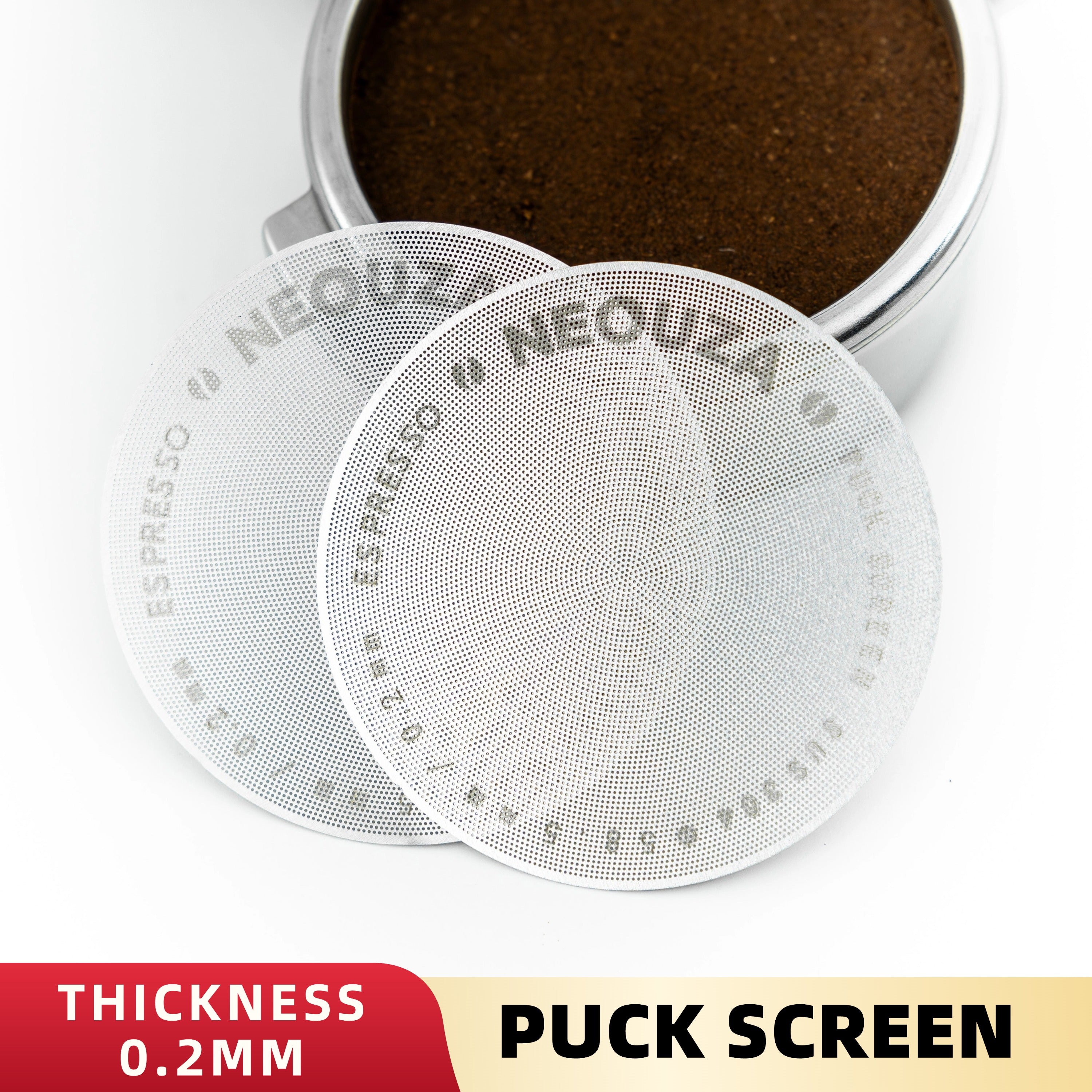 NEOUZA 51/53/58mm Espresso Puck Screen, 0.2mm Ultra Thin Coffee Filter, 304 Stainless Steel Reusable Mesh for Portafilter Basket, No Coffee Dose Reduction