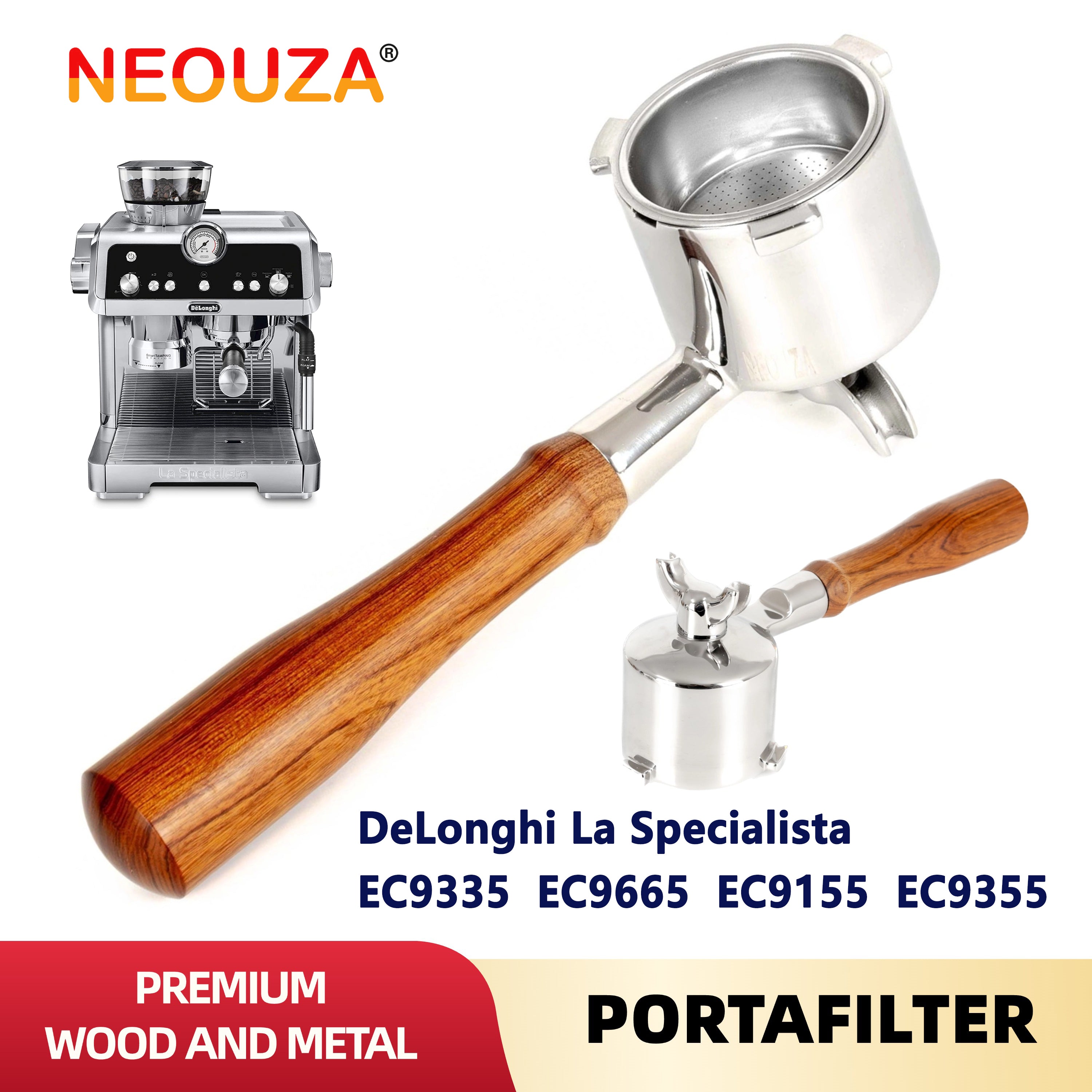NEOUZA 51 mm Espresso-Siebträger mit Doppelausläufen, kompatibel mit Delonghi La Specialista EC9155/9255/9335/9355/9665/9865, Edelstahl 304 
