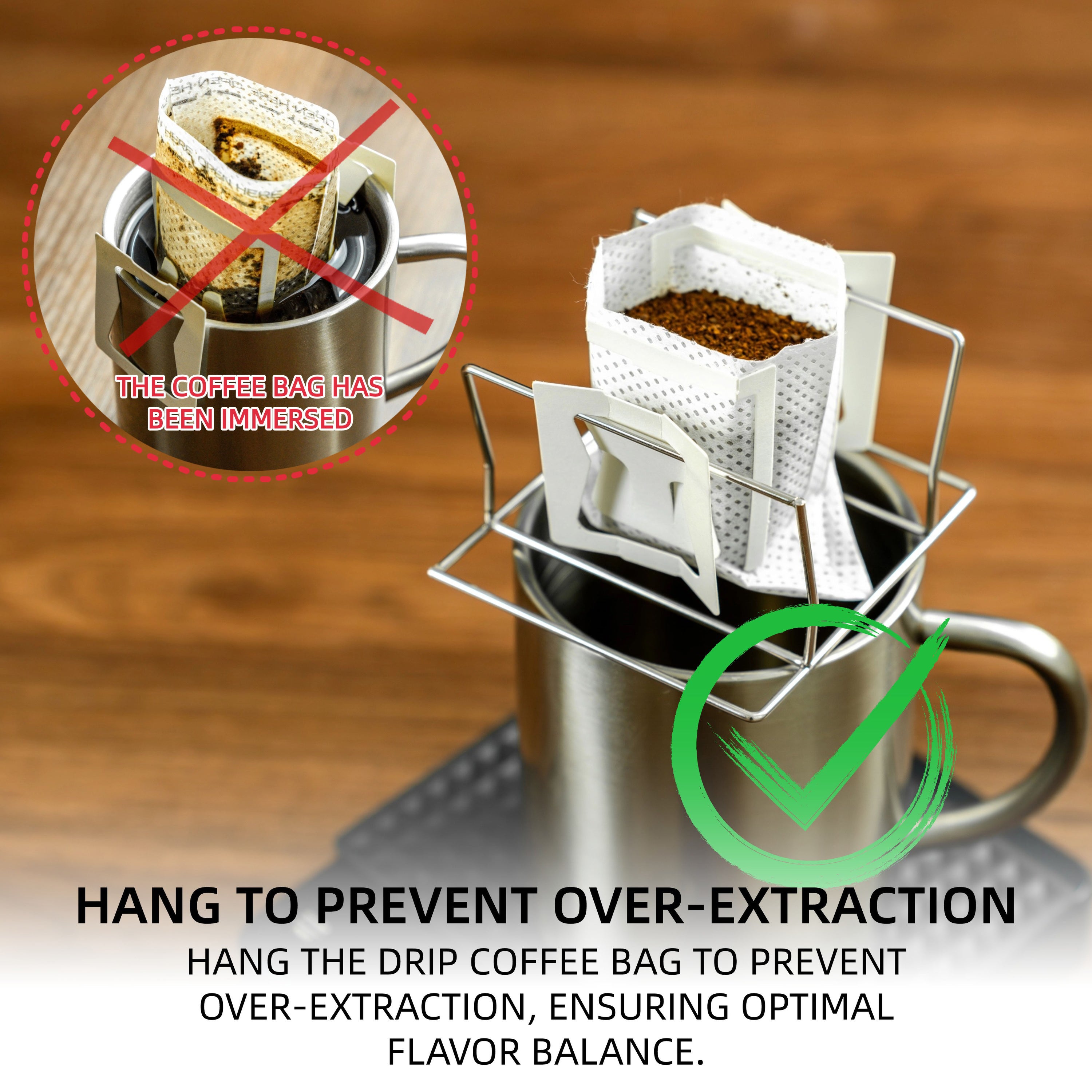 NEOUZA Bamboo & Stainless Steel Coffee Drip Filter Bag  Holder, 2-in-1 Drip Bag Holder & Pour-Over Dripper, Compact for Travel Home Brewing  Multifunctional Coffee Stand