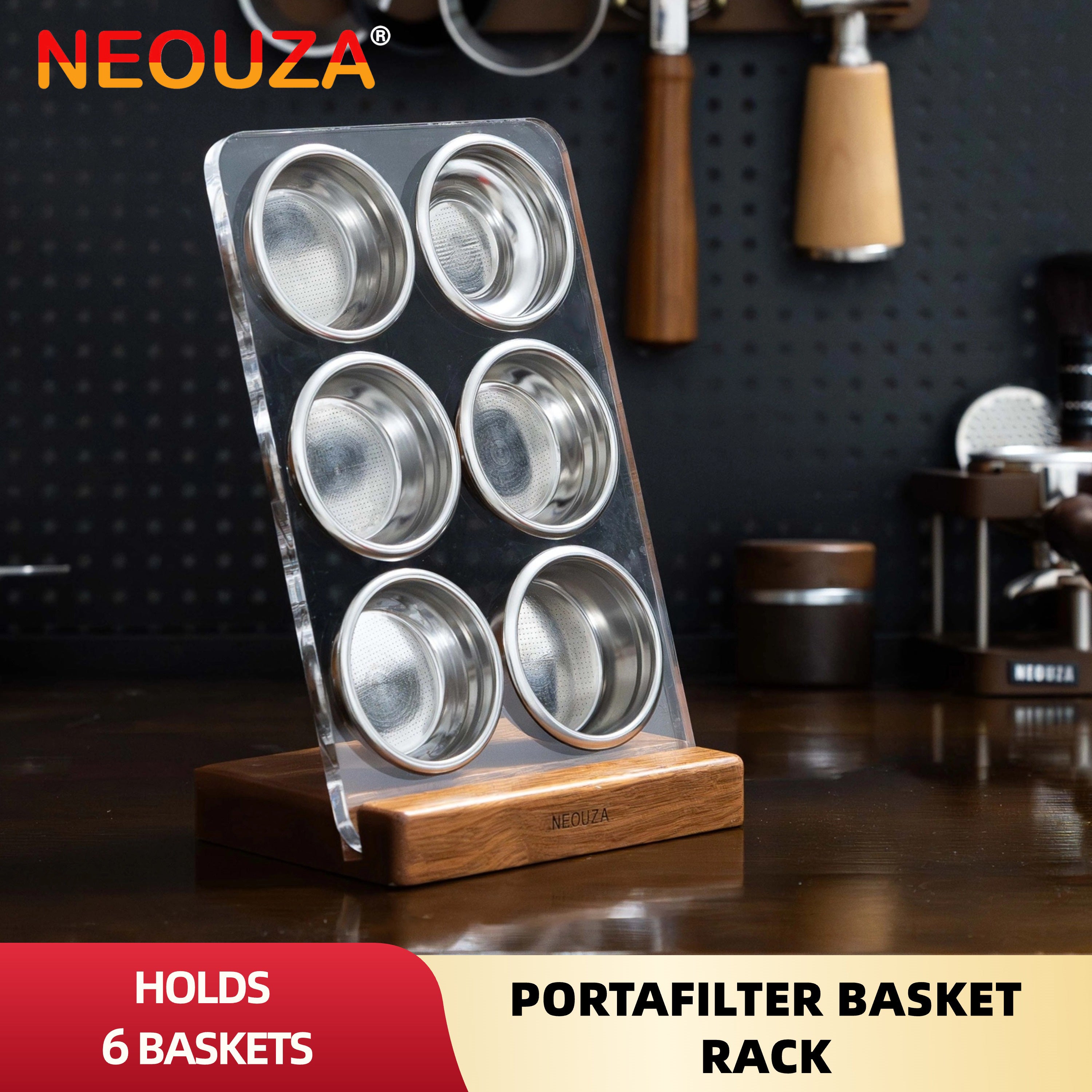 NEOUZA Espresso Filter Basket Stand 51/53/54/58mm Portafilter Basket Holder Rack, Wooden Acrylic, Sieve Basket Storage for Coffee Machine