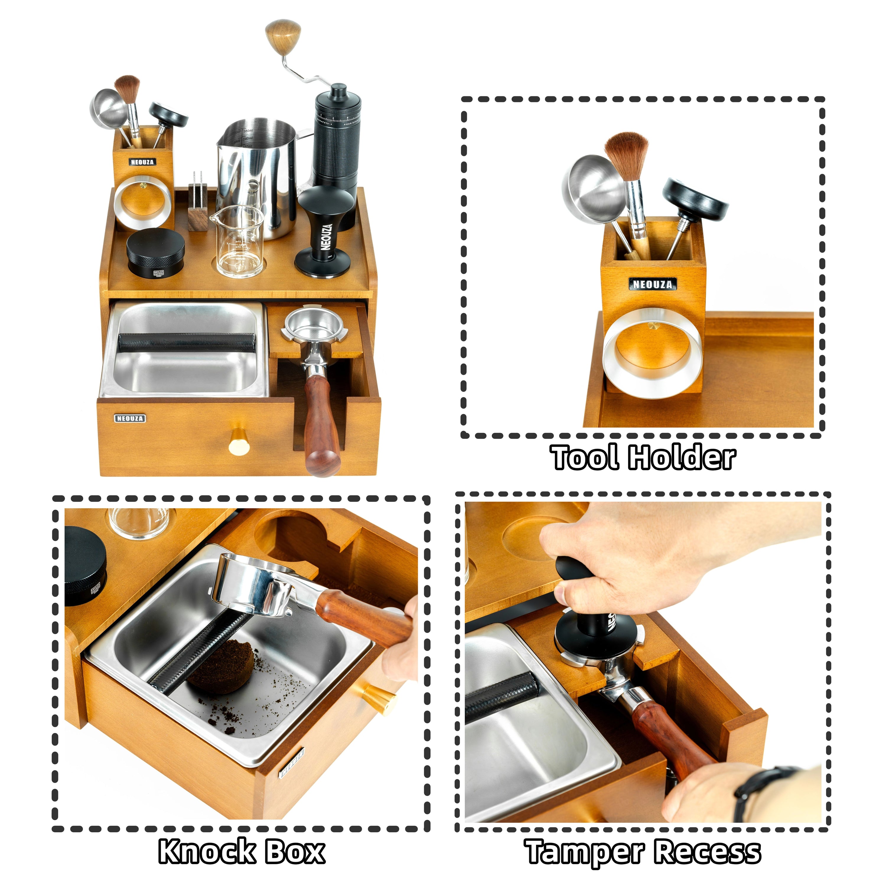 NEOUZA Multi-Functional Barista Station | Built-in Knock Box & Tamper Stand, Detachable Drawer, Beechwood Stainless Steel Organizer for 51/54/58mm Portafilters