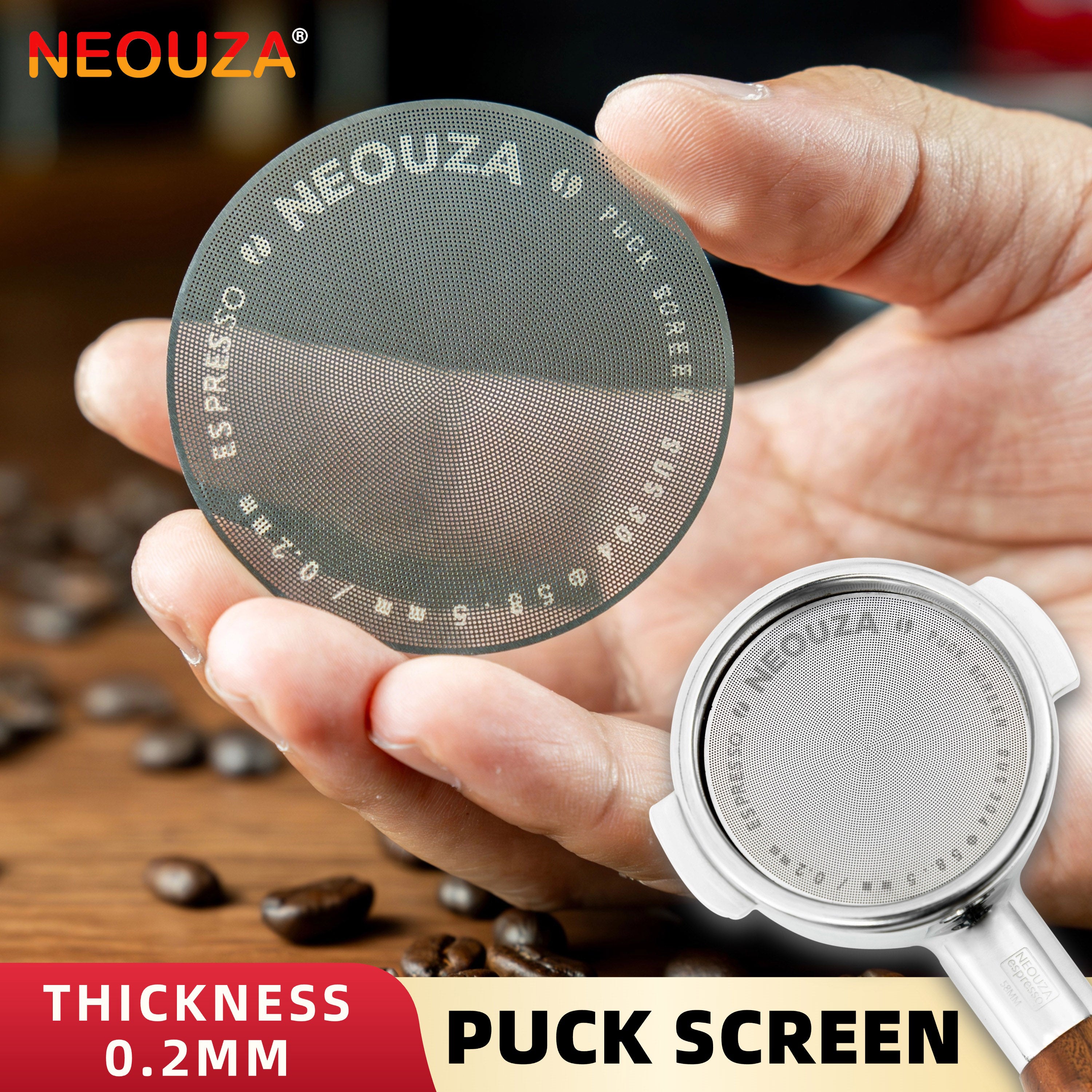 NEOUZA 51/53/58mm Espresso Puck Screen, 0.2mm Ultra Thin Coffee Filter, 304 Stainless Steel Reusable Mesh for Portafilter Basket, No Coffee Dose Reduction