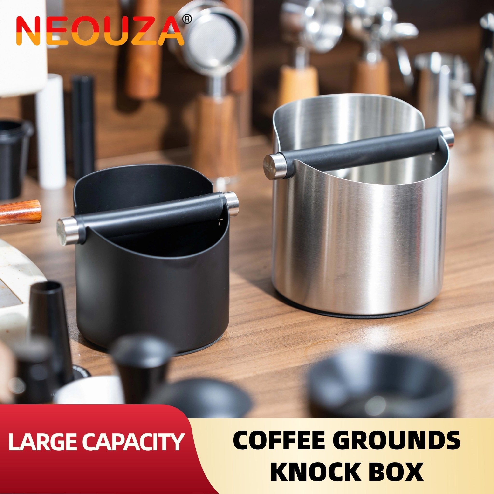 NEOUZA Heavy Duty Stainless Steel Knock Box, Large Capacity Coffee Grounds Dump Bin, Barista Grade, Shock-Absorbent with Removable Bar - NEOUZA Official Website