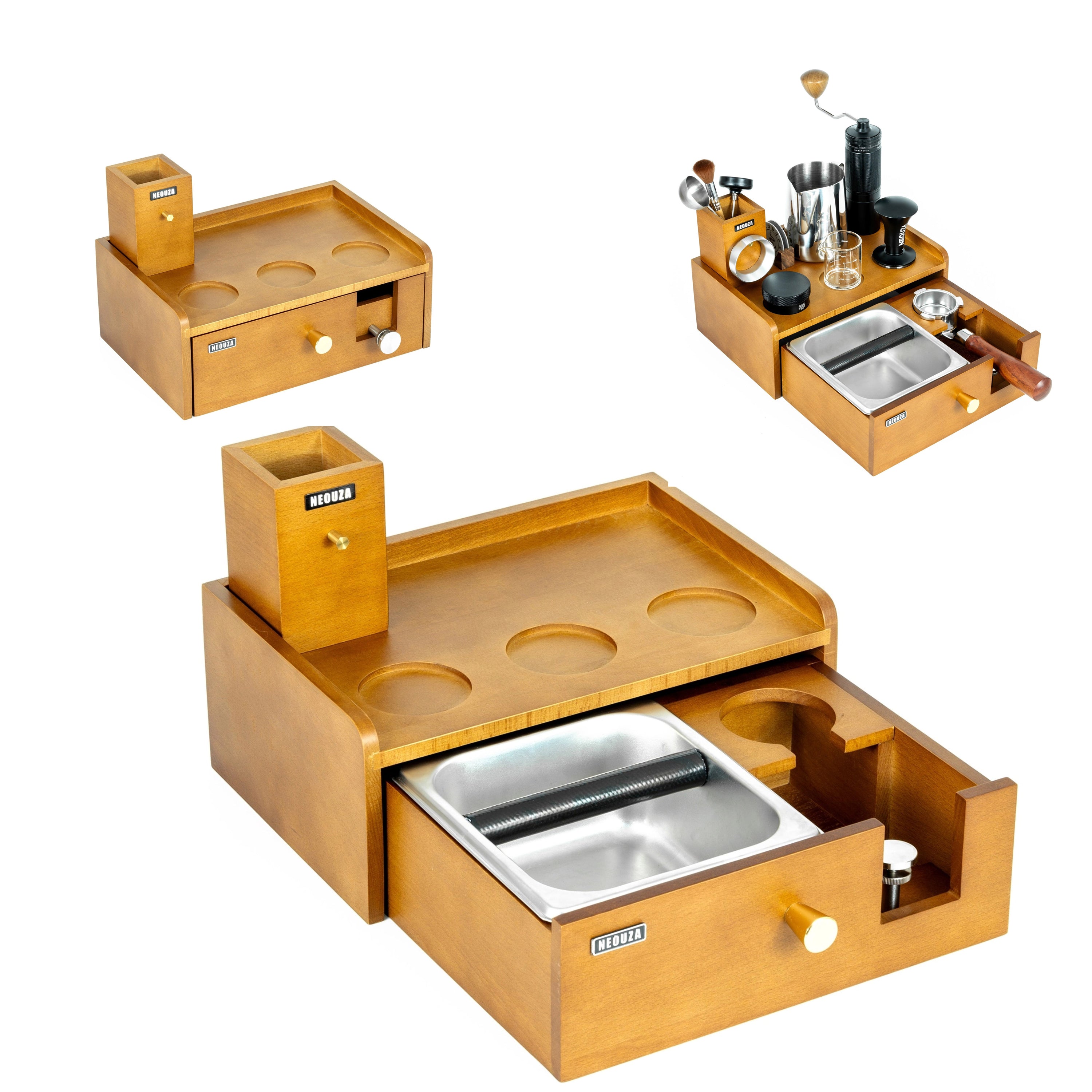 NEOUZA Multi-Functional Barista Station | Built-in Knock Box & Tamper Stand, Detachable Drawer, Beechwood Stainless Steel Organizer for 51/54/58mm Portafilters