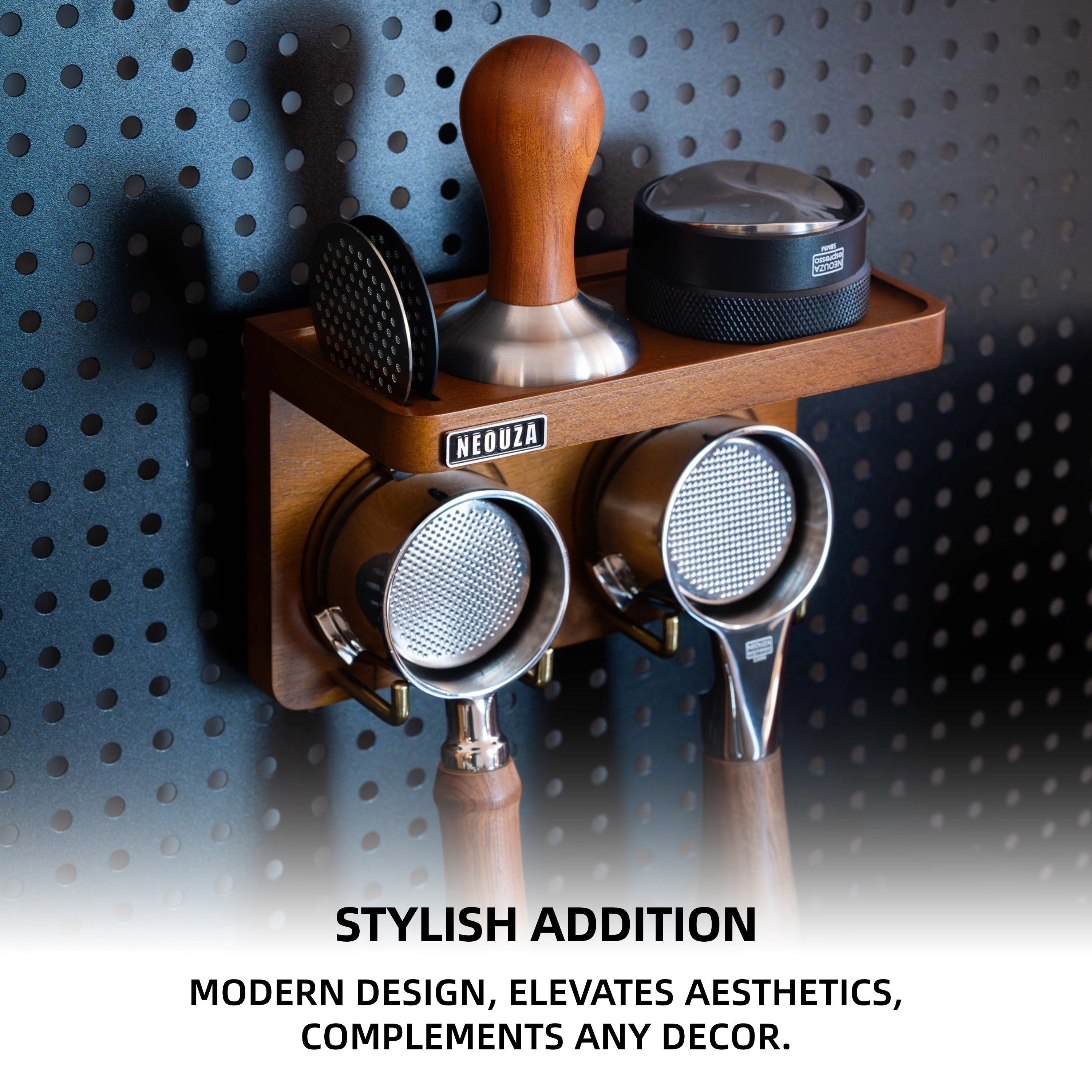NEOUZA Mini Espresso Accessories Holder Station Wall Mounted Organizer for 51/53/58mm Coffee Tamper Distributor Portafilter Storage Shelf for Bar Home Office