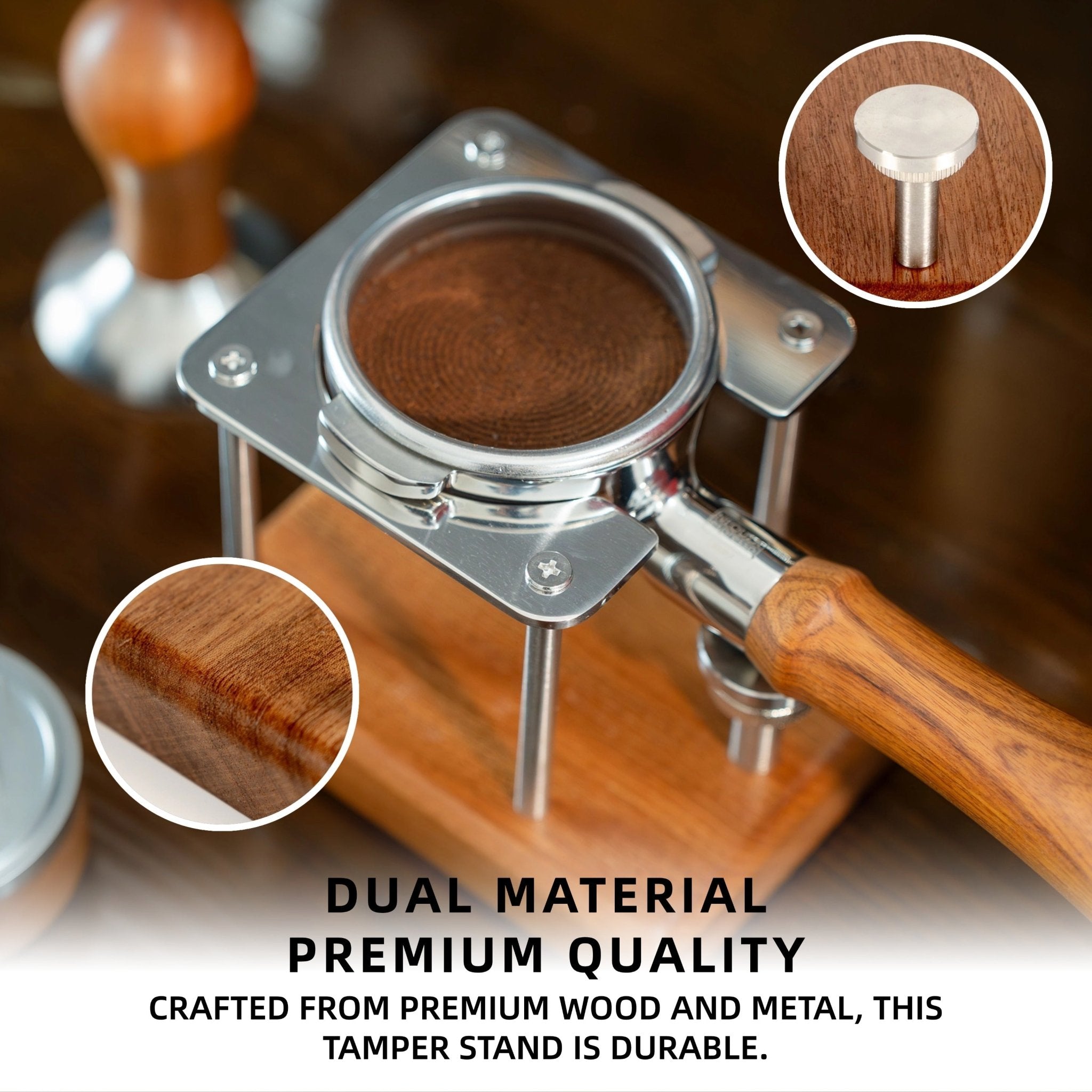 NEOUZA Coffee Tamping Station, Portafilter Stand Holder for Espresso Machine，Adjustable Height, Sapele Mahogany, Stainless Steel - NEOUZA Official Website