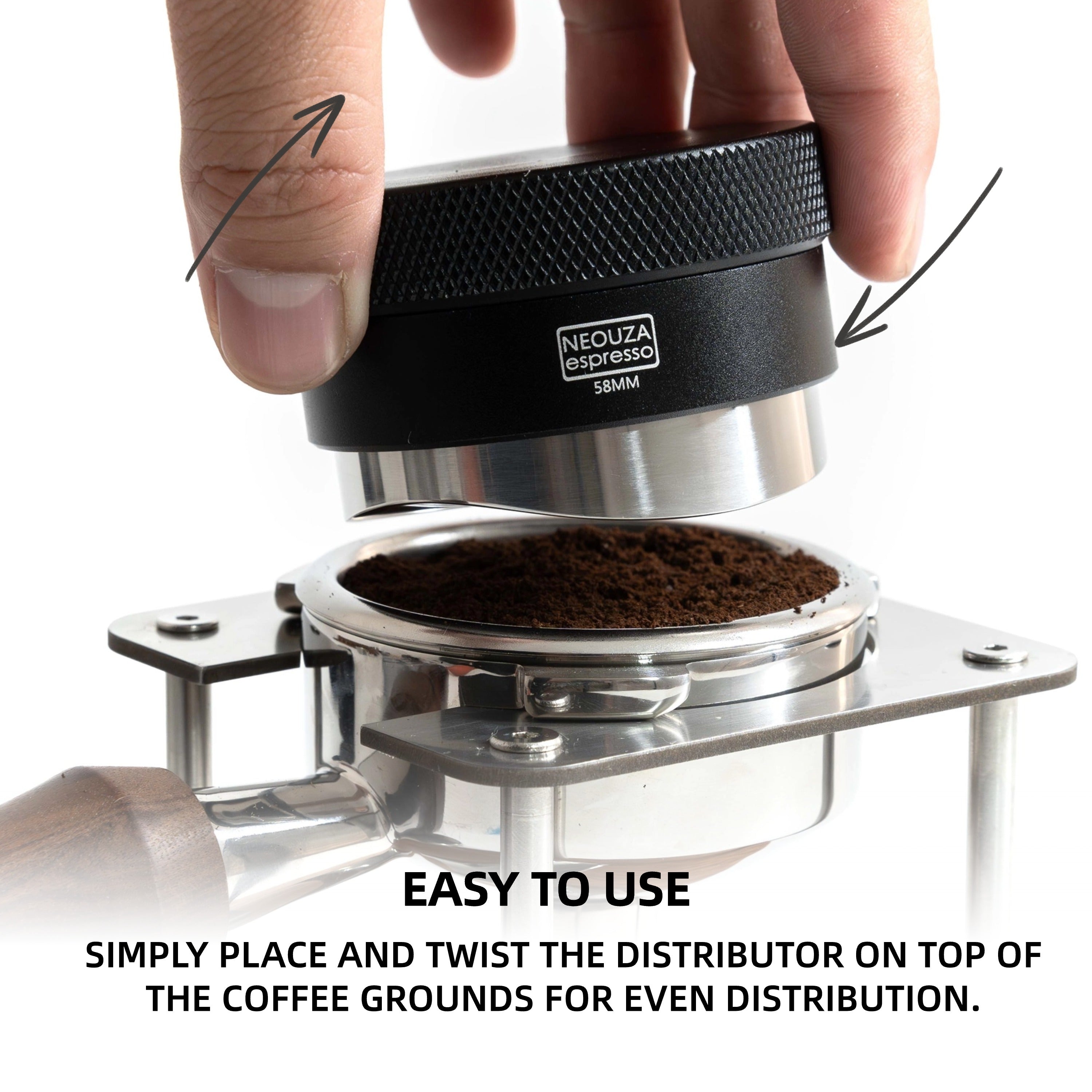 NEOUZA Coffee Gravity Adaptive Distributor for Espresso Portafilter, 51mm,53mm,58mm, Auto Leveling Distributor, Leveler with S-Shaped Base