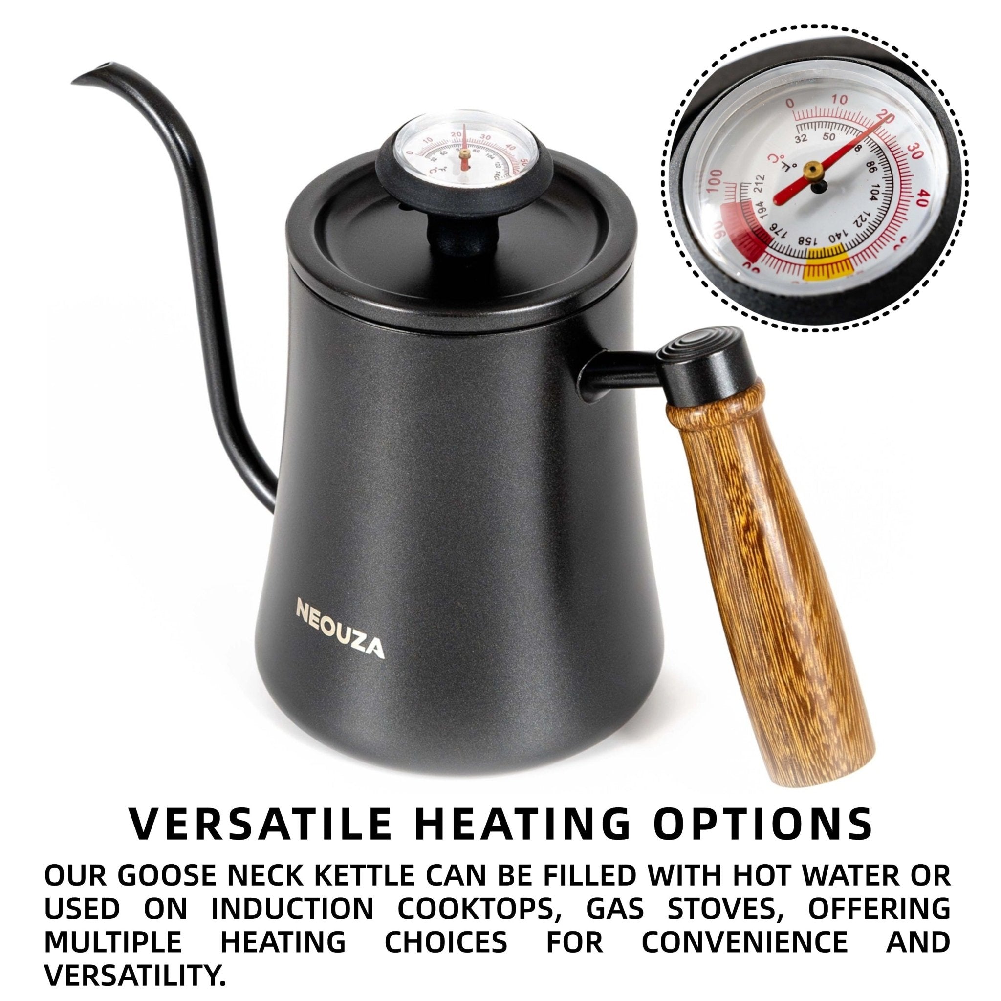 NEOUZA 600ml Gooseneck Kettle with Thermometer, 304 Stainless Steel Stovetop Safe Kettle for Pour Over Coffee and Tea, Precision Spout & Wooden Handle - NEOUZA Official Website