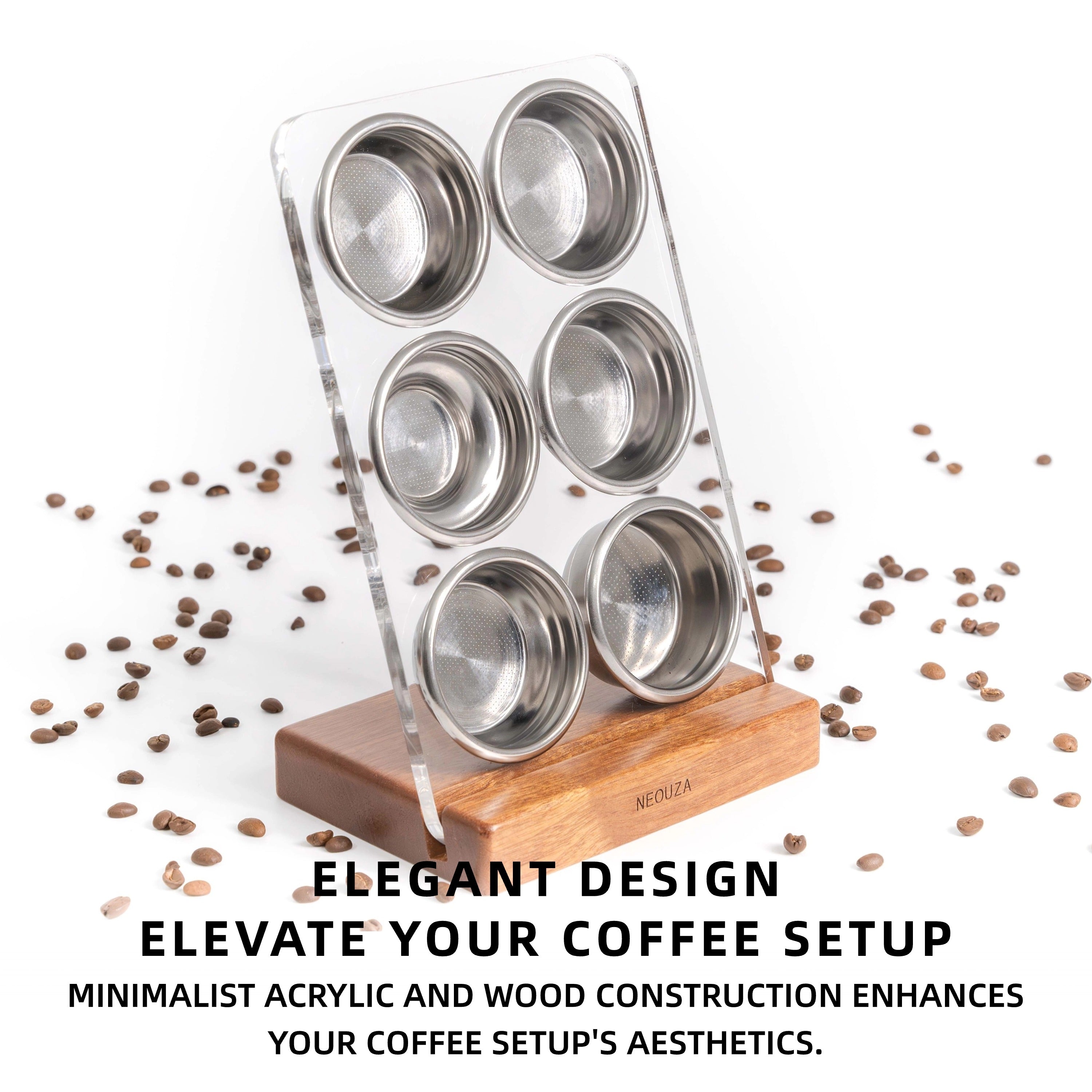 NEOUZA Espresso Filter Basket Stand 51/53/54/58mm Portafilter Basket Holder Rack, Wooden Acrylic, Sieve Basket Storage for Coffee Machine