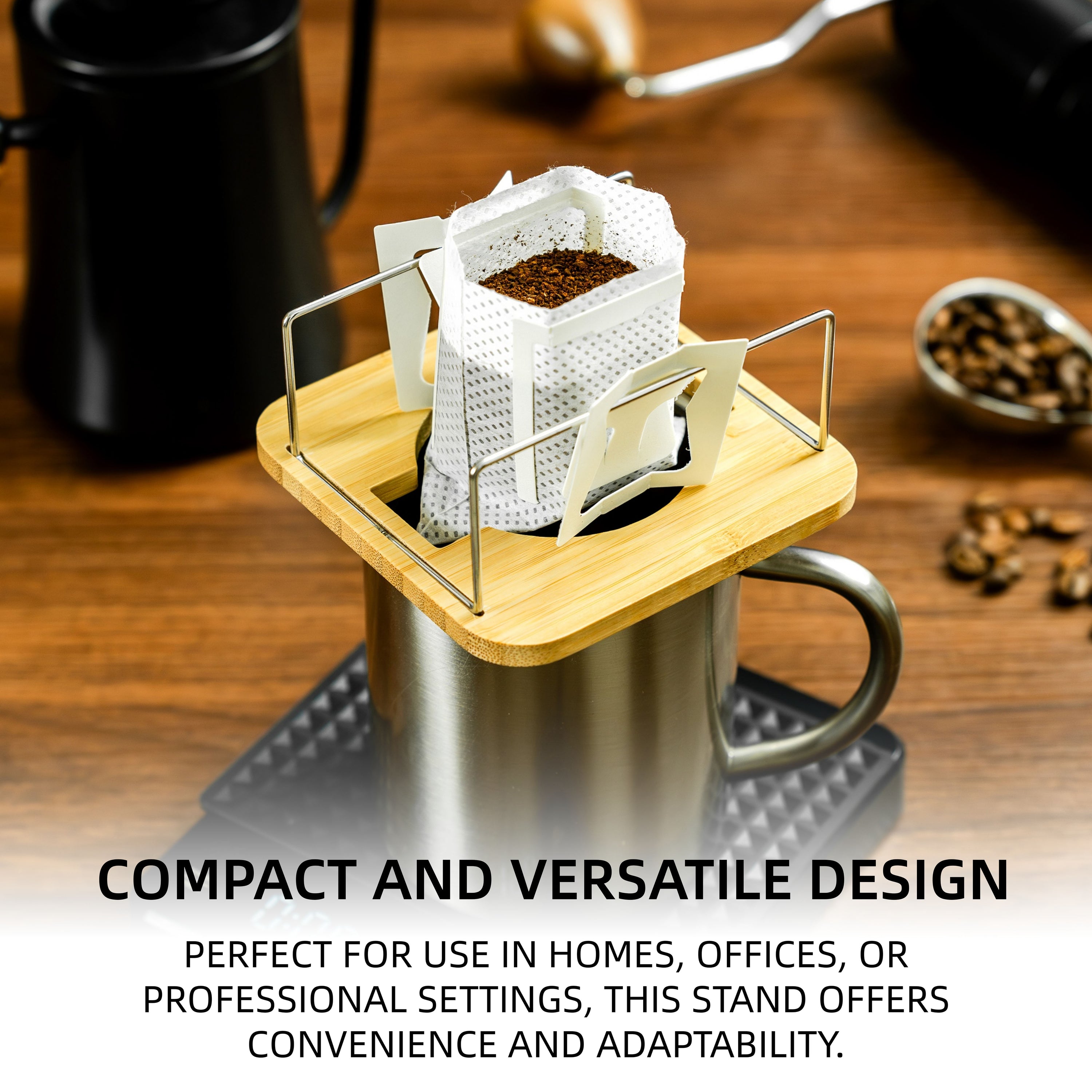 NEOUZA Bamboo & Stainless Steel Coffee Drip Filter Bag  Holder, 2-in-1 Drip Bag Holder & Pour-Over Dripper, Compact for Travel Home Brewing  Multifunctional Coffee Stand