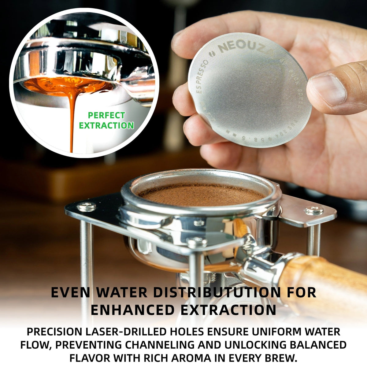 NEOUZA 51/53/58mm Espresso Puck Screen, 0.2mm Ultra Thin Coffee Filter, 304 Stainless Steel Reusable Mesh for Portafilter Basket, No Coffee Dose Reduction - NEOUZA Official Website