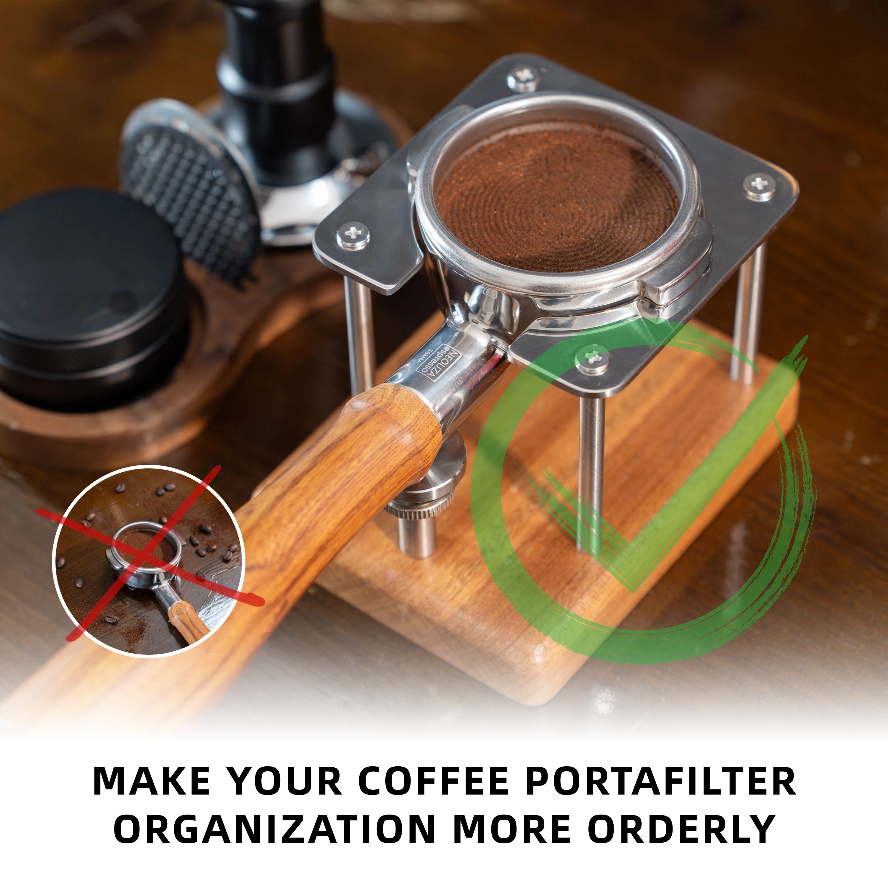 NEOUZA Coffee Tamping Station, 51/54/58mm Portafilter Stand Holder, Fits Most Espresso Machine，Adjustable Height, Sapele Mahogany, Stainless Steel