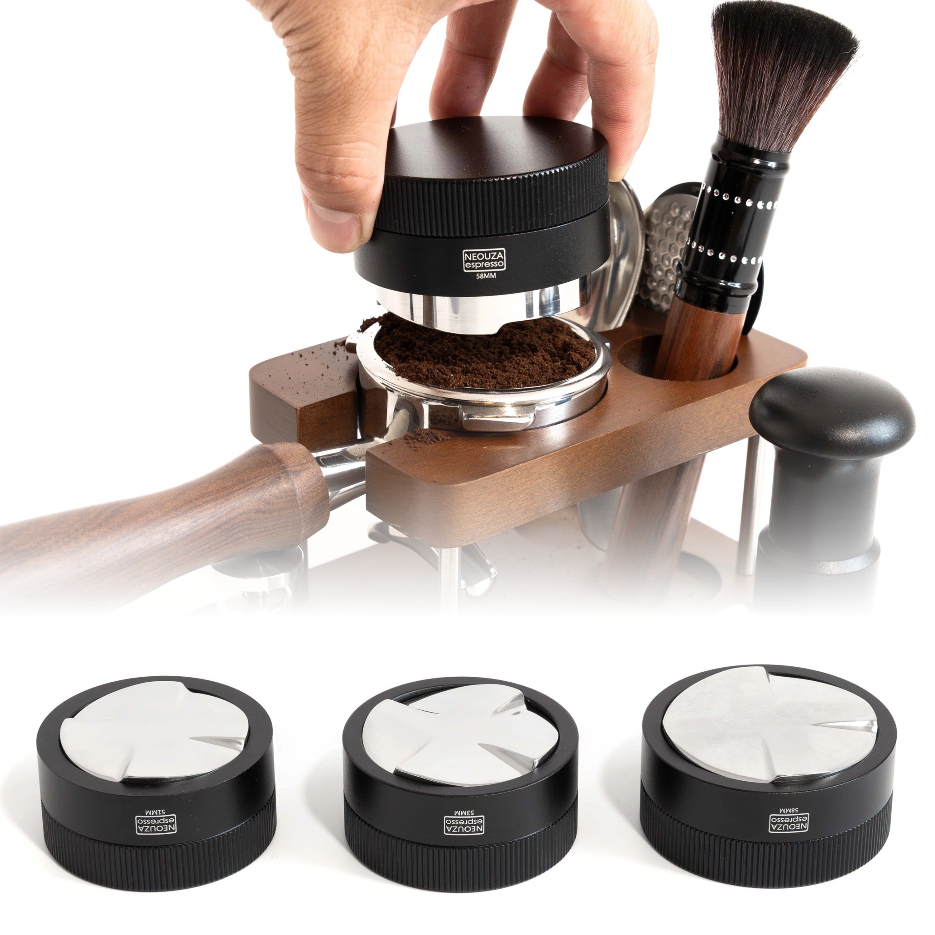 NEOUZA Coffee Gravity Adaptive Distributor for Espresso Portafilter, 51mm,53mm,58mm, Auto Leveling Distributor, Leveler with 4 Leaf Clover Base