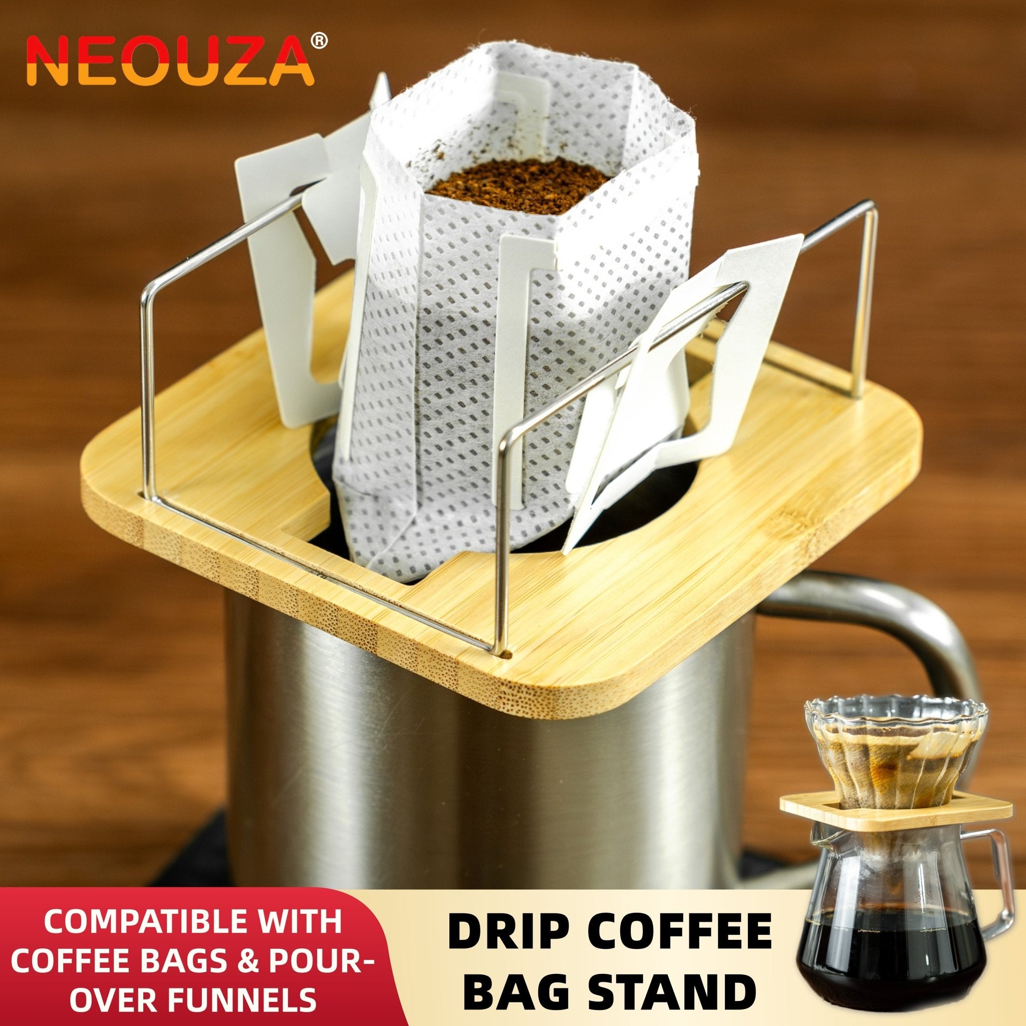 NEOUZA Bamboo & Stainless Steel Coffee Drip Filter Bag Holder, 2-in-1 Drip Bag Holder & Pour-Over Dripper, Compact for Travel Home Brewing Multifunctional Coffee Stand - NEOUZA Official Website