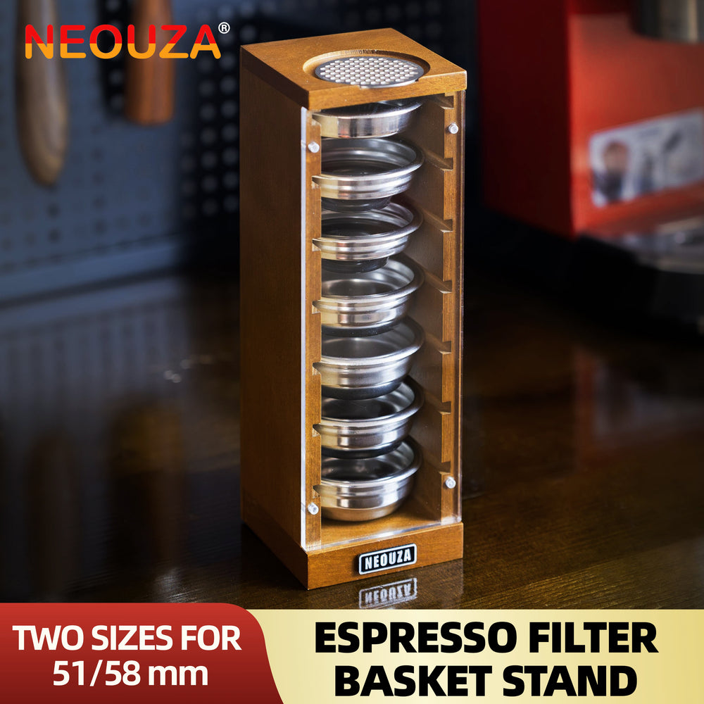 NEOUZA 51mm 58mm Espresso Filter Basket Stand Compatible with Portafilter Filter Basket and Puck Screen - Holds Up to 7 Filter Baskets, Removable  Door, Beech Wood