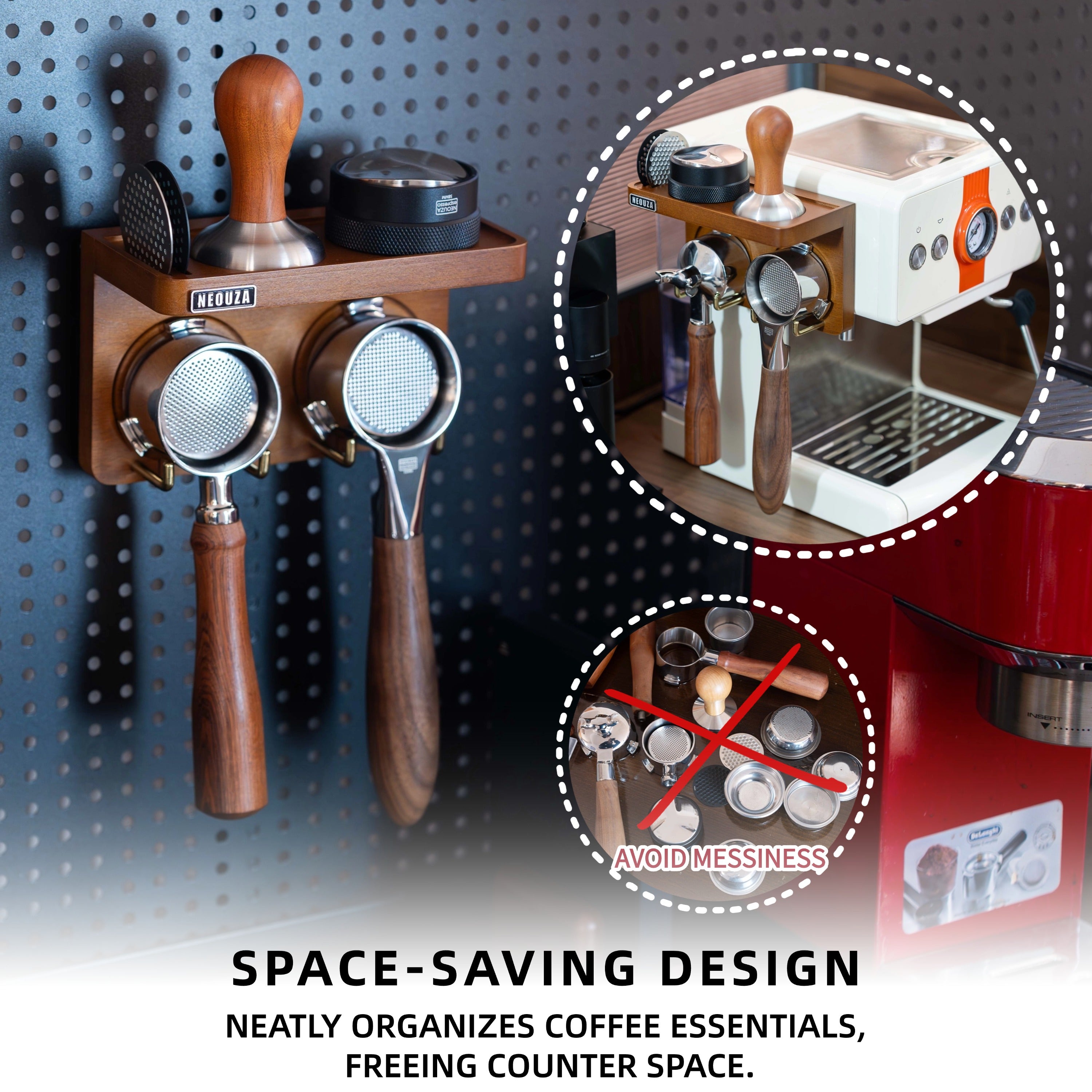 NEOUZA Mini Espresso Accessories Holder Station Wall Mounted Organizer for 51/53/58mm Coffee Tamper Distributor Portafilter Storage Shelf for Bar Home Office