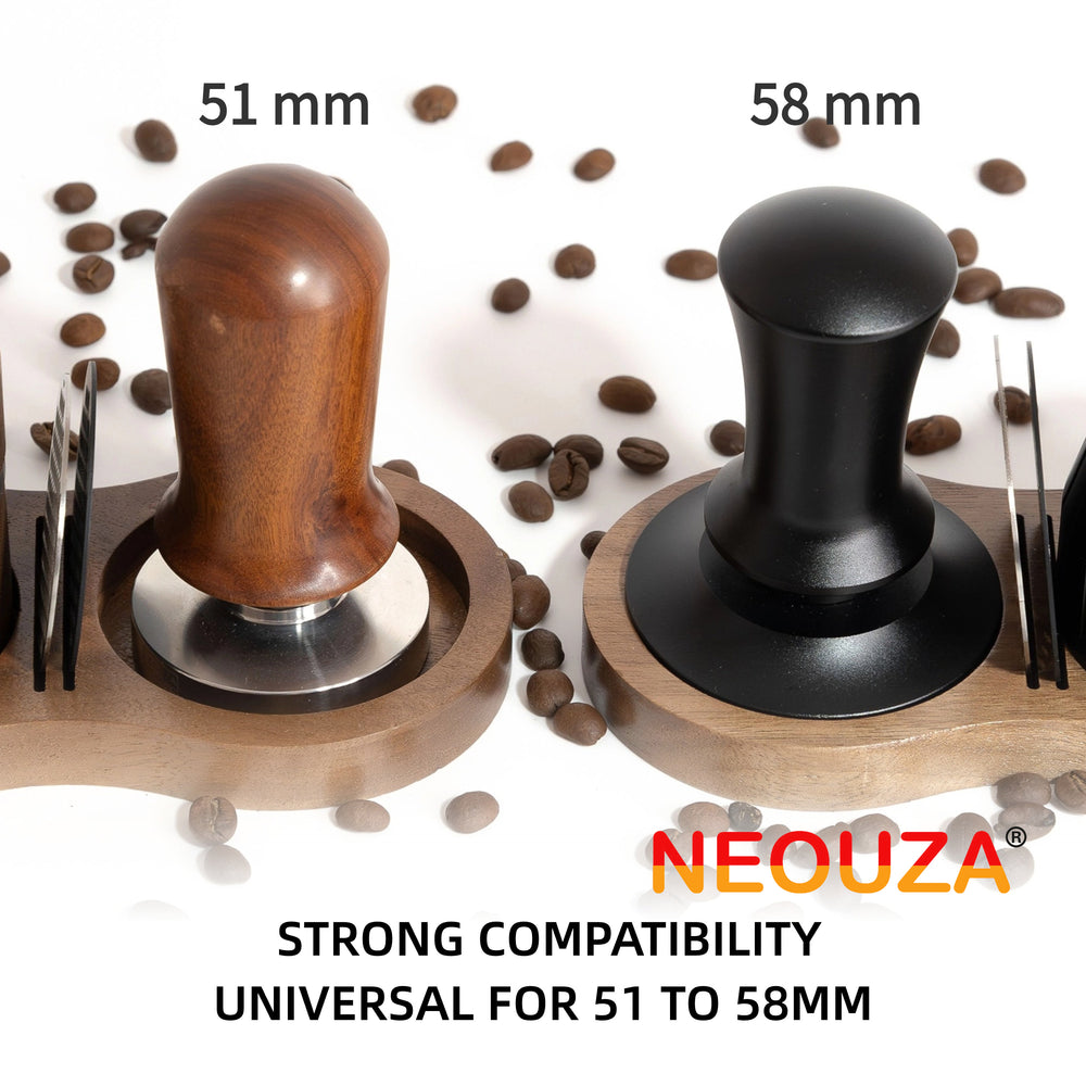 NEOUZA Coffee Tamper Stand with Tamper Mat, Distribution Tool, and Puck Screen Organizer, Walnut Wood,51mm 53mm 58mm Universal