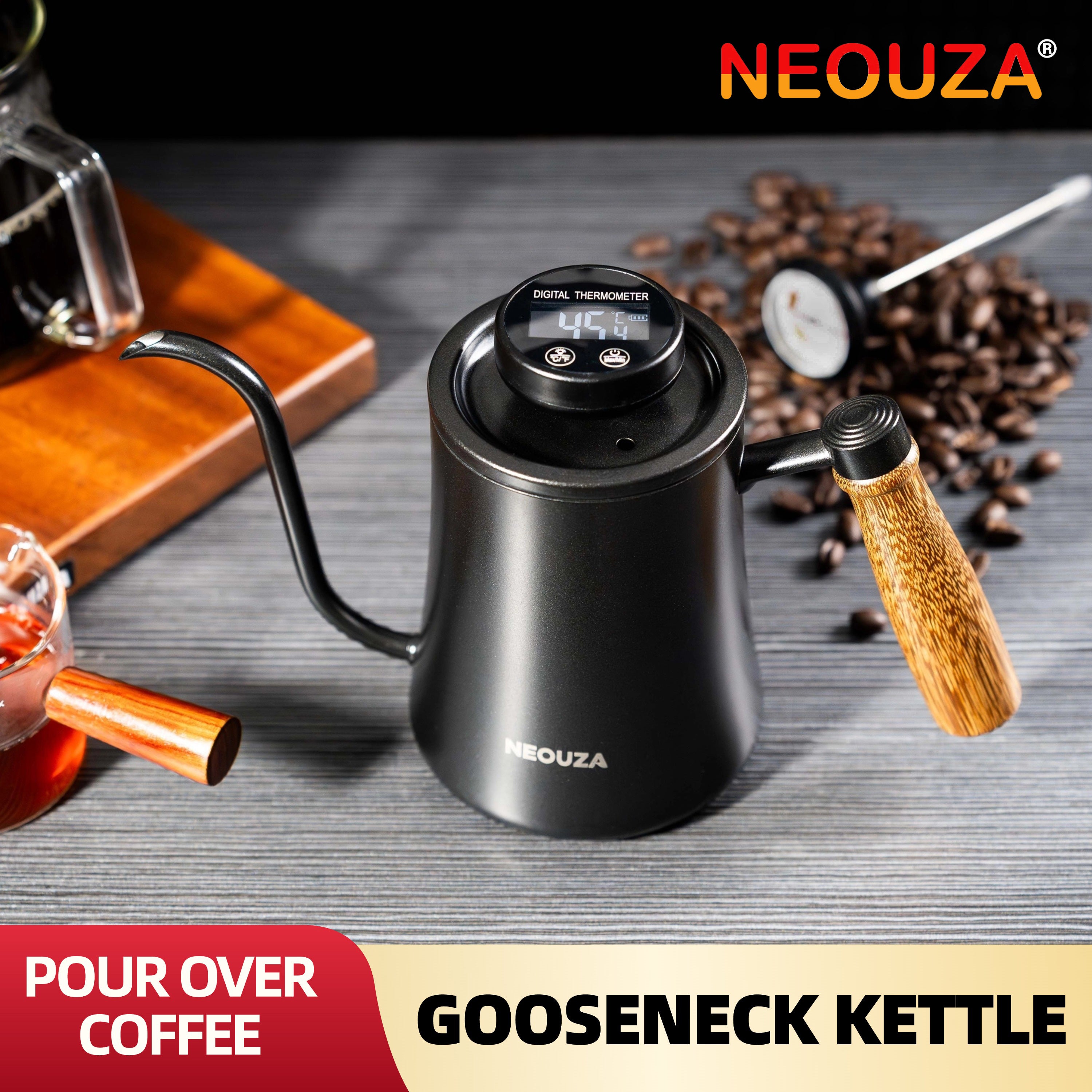 Pour Over Coffee Goose-Neck Kettle, 600ml, with High-Precision Temperature Display | 304 Stainless Steel | Solid wood handle | Versatil