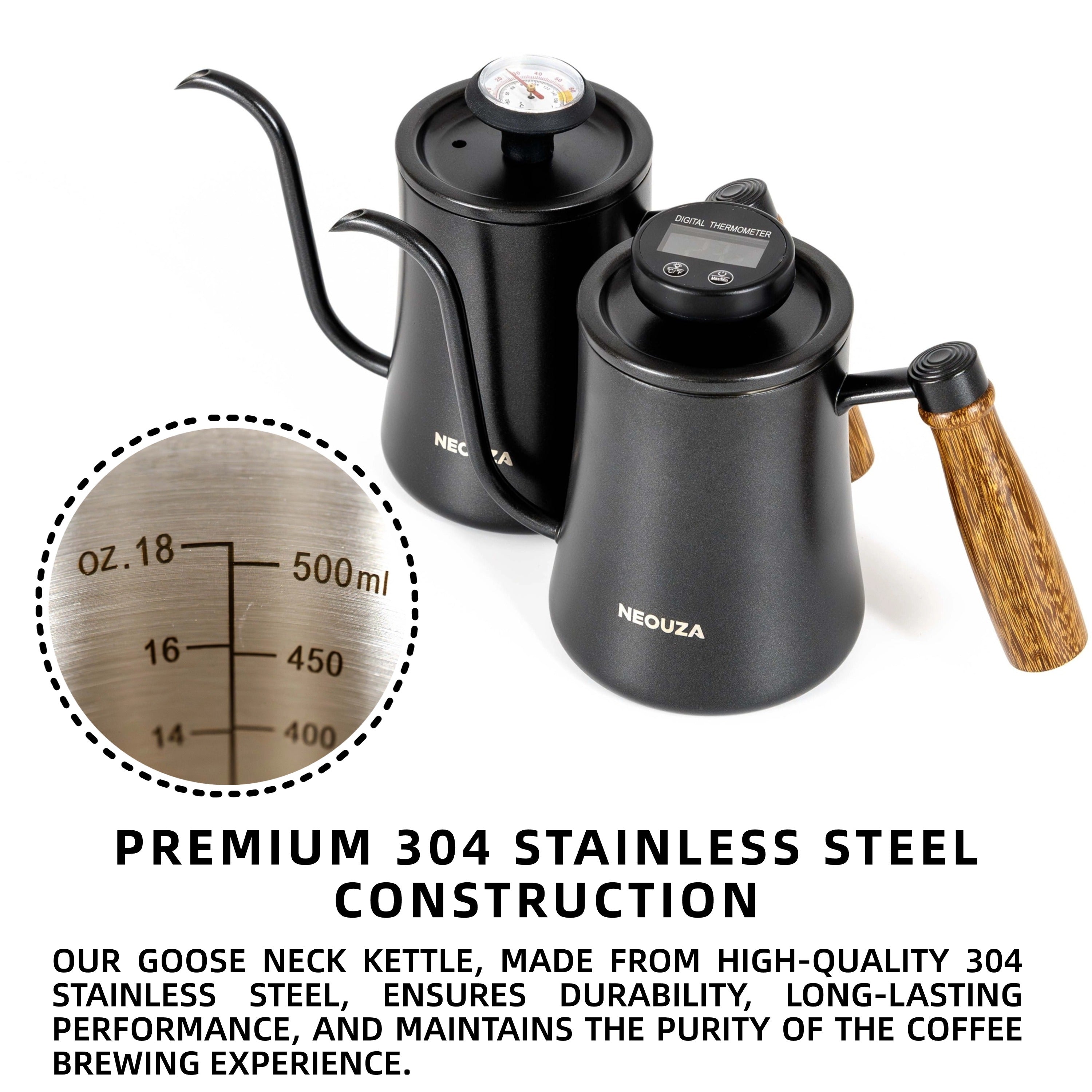 Pour Over Coffee Goose-Neck Kettle, 600ml, with High-Precision Temperature Display | 304 Stainless Steel | Solid wood handle | Versatil