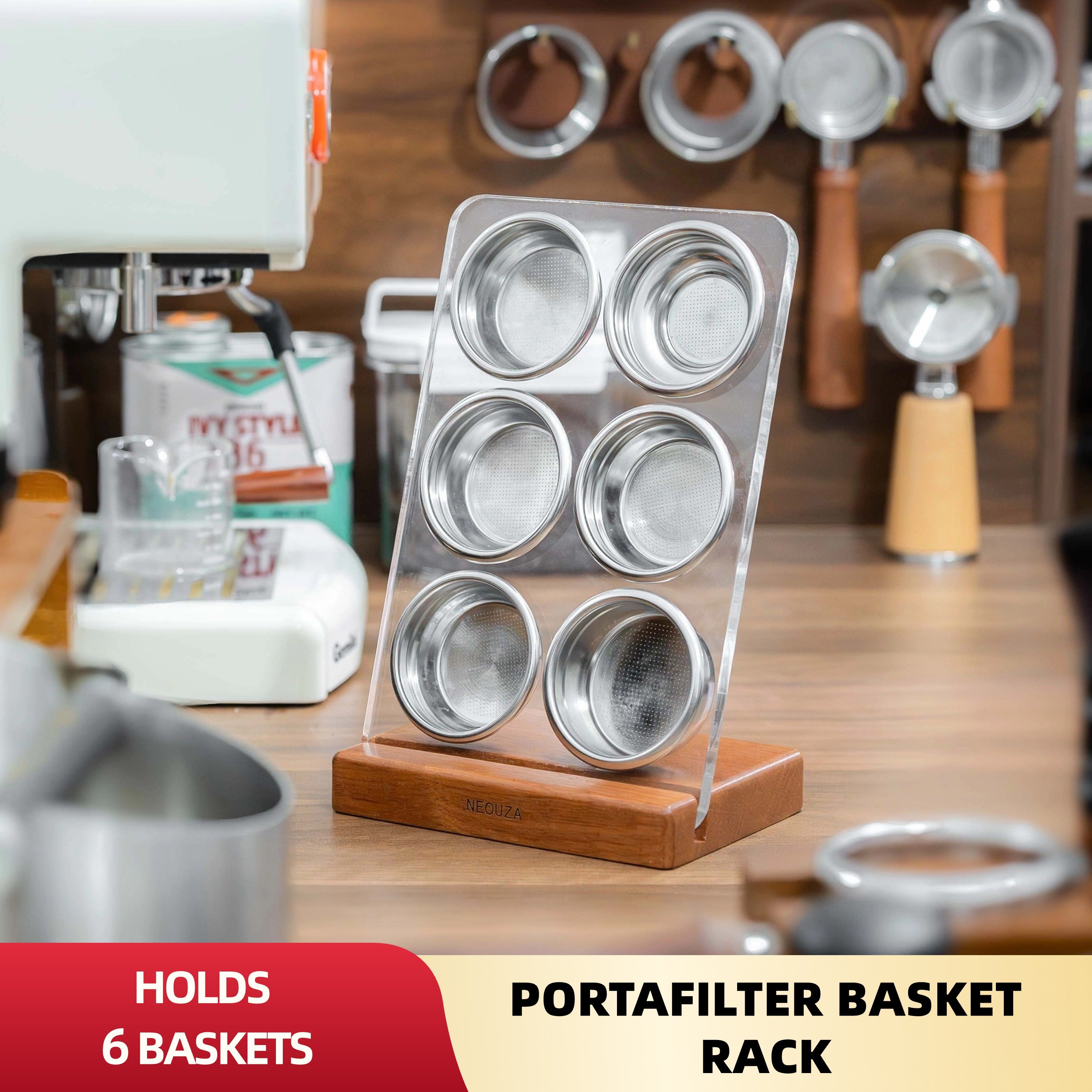NEOUZA Espresso Filter Basket Stand 51/53/54/58mm Portafilter Basket Holder Rack, Wooden Acrylic, Sieve Basket Storage for Coffee Machine