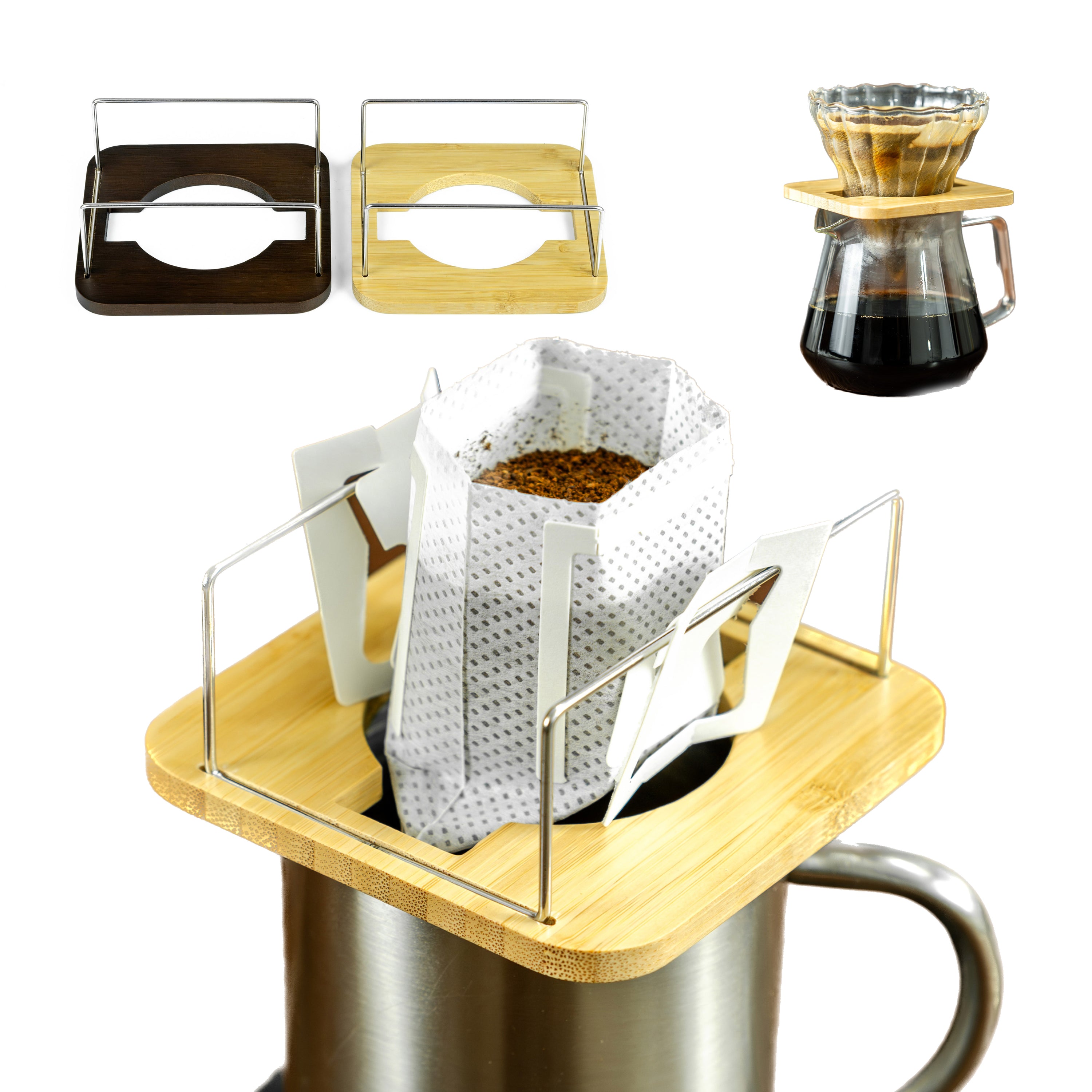 NEOUZA Bamboo & Stainless Steel Coffee Drip Filter Bag  Holder, 2-in-1 Drip Bag Holder & Pour-Over Dripper, Compact for Travel Home Brewing  Multifunctional Coffee Stand