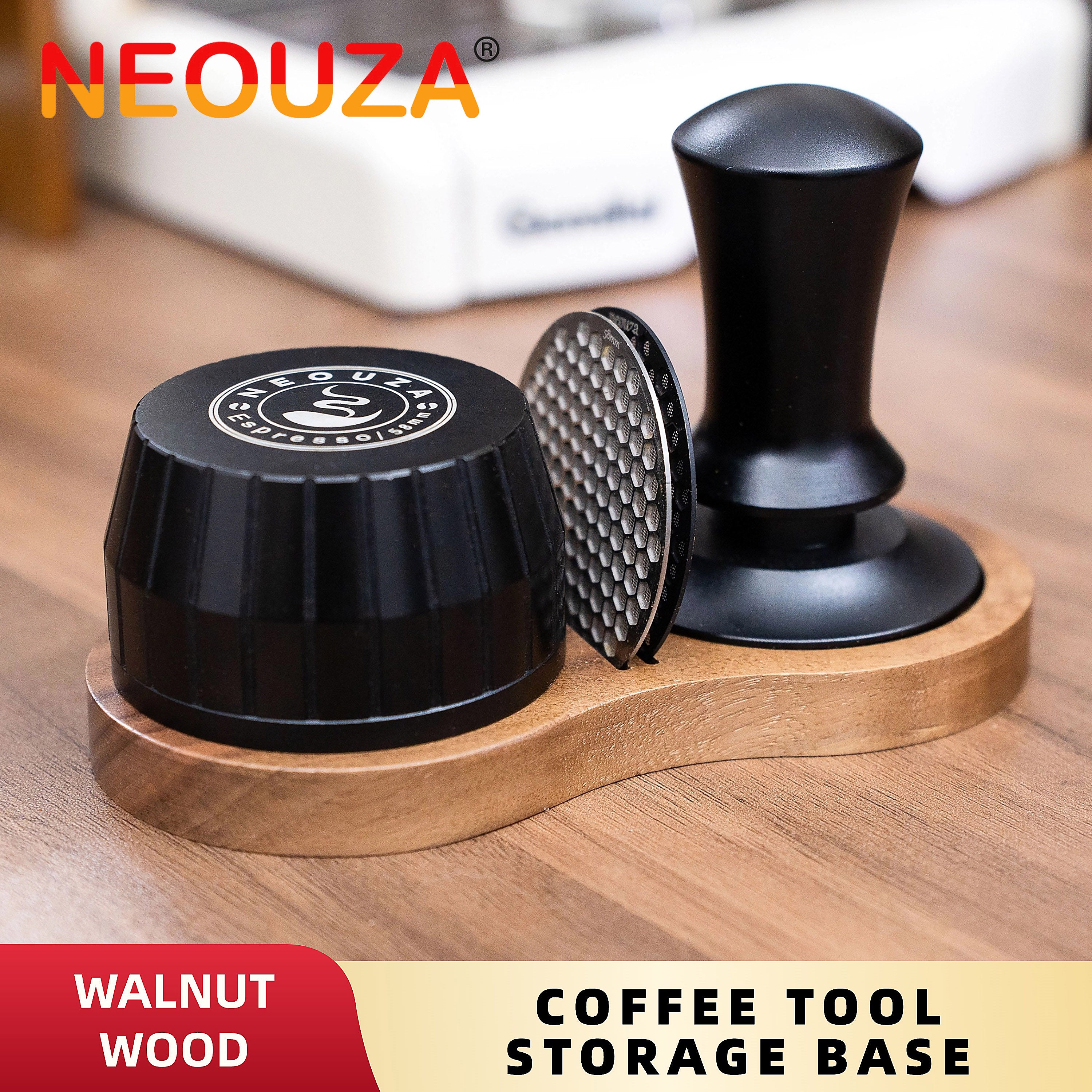 NEOUZA Coffee Tamper Stand with Tamper Mat, Distribution Tool, and Puck Screen Organizer, Walnut Wood,51mm 53mm 58mm Universal