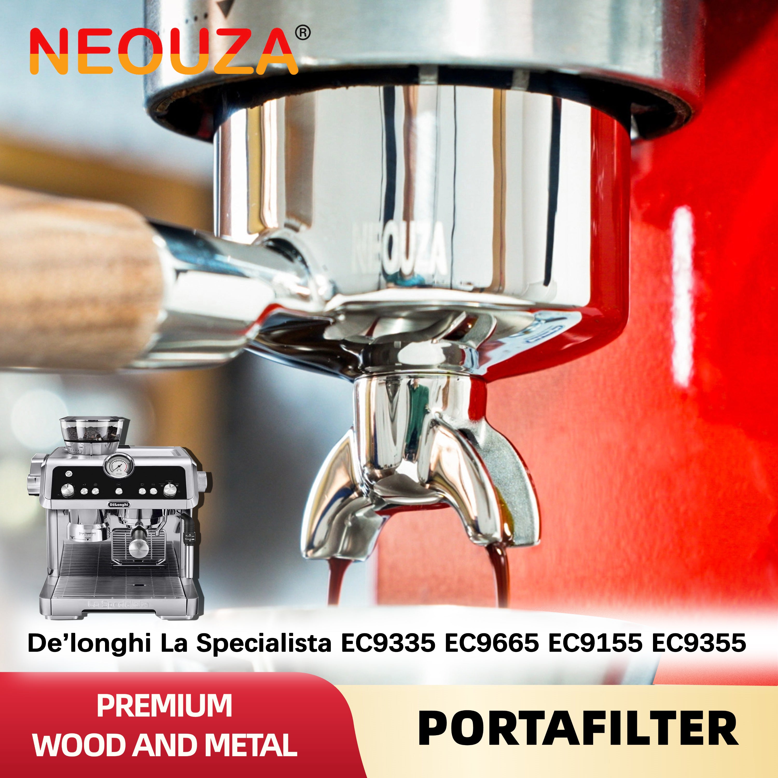 NEOUZA 51 mm Espresso-Siebträger mit Doppelausläufen, kompatibel mit Delonghi La Specialista EC9155/9255/9335/9355/9665/9865, Edelstahl 304 