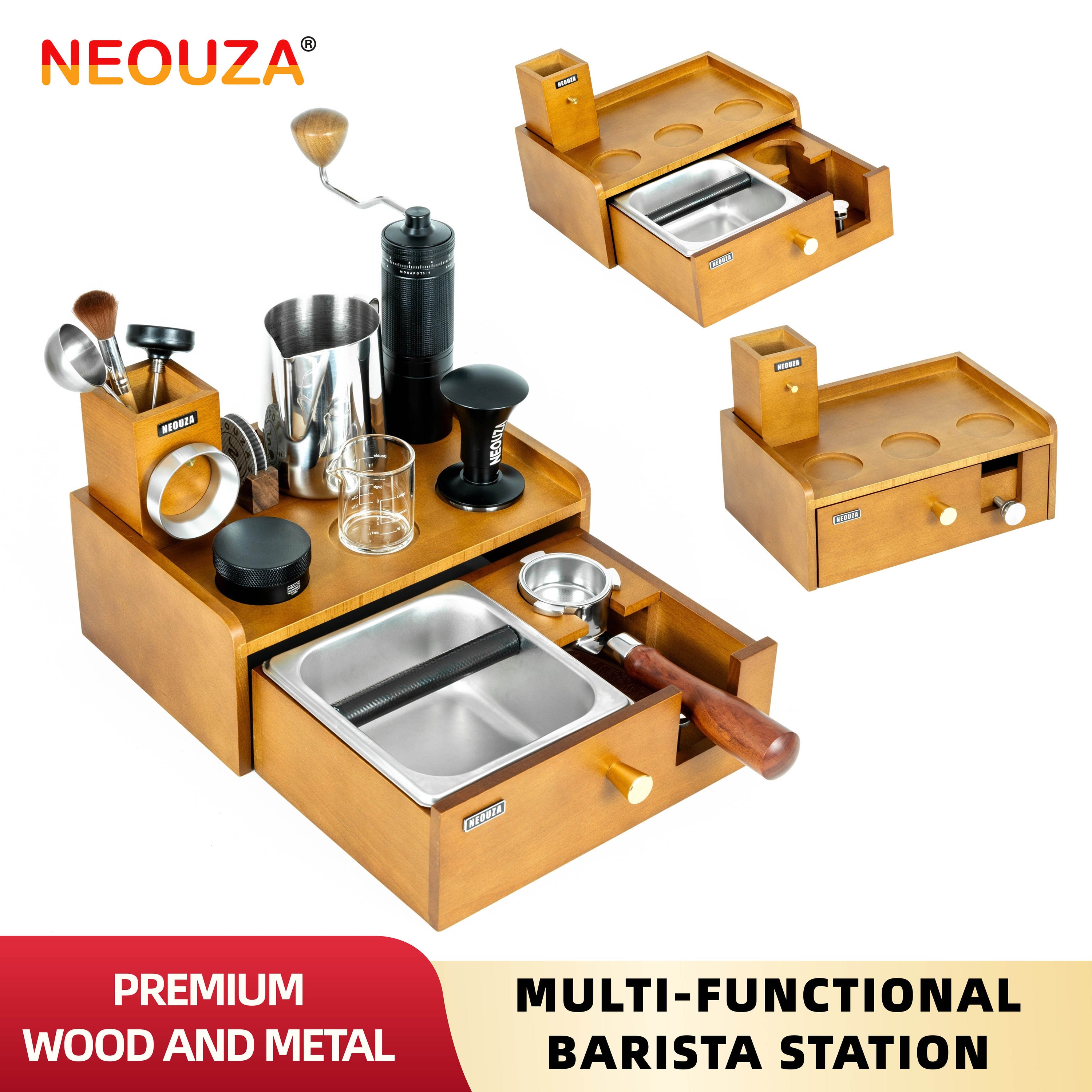 NEOUZA Multi-Functional Barista Station | Built-in Knock Box & Tamper Stand, Detachable Drawer, Beechwood Stainless Steel Organizer for 51/54/58mm Portafilters