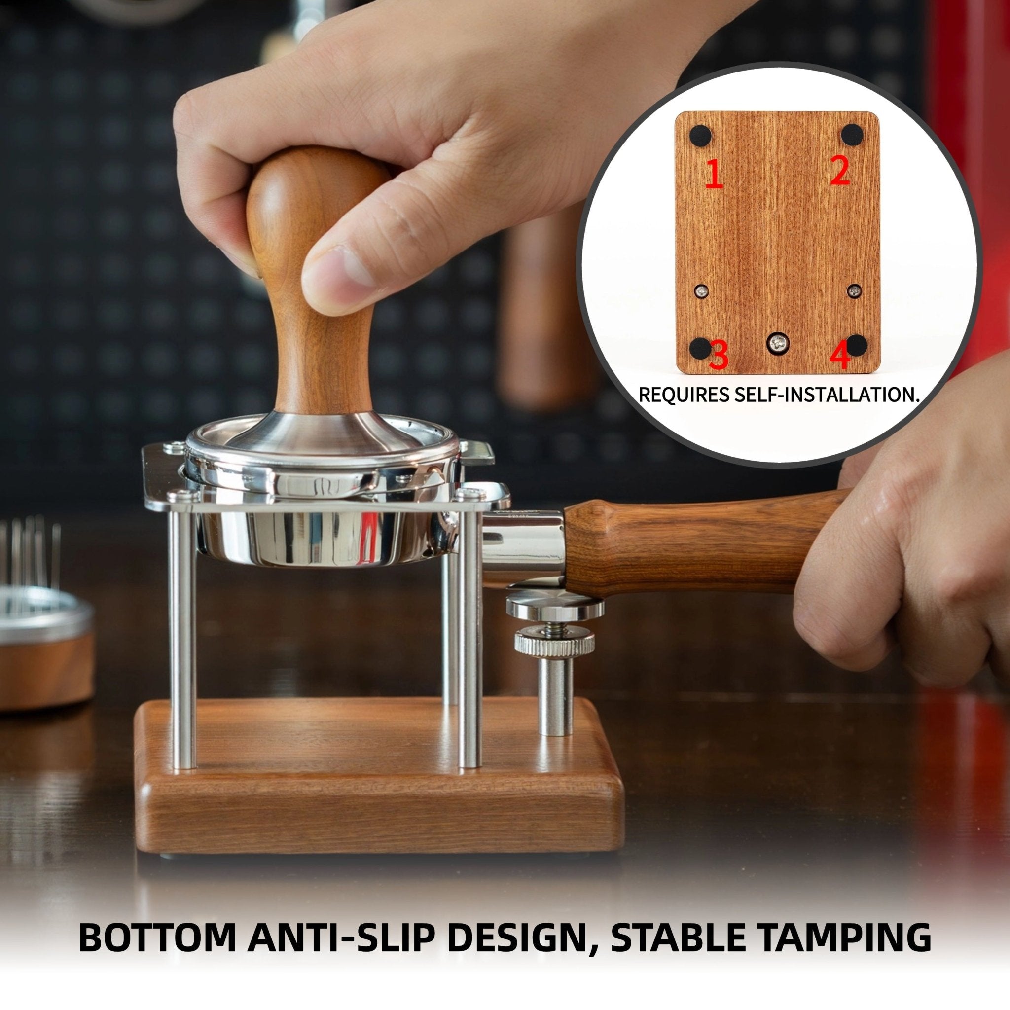 NEOUZA Coffee Tamping Station, Portafilter Stand Holder for Espresso Machine，Adjustable Height, Sapele Mahogany, Stainless Steel - NEOUZA Official Website