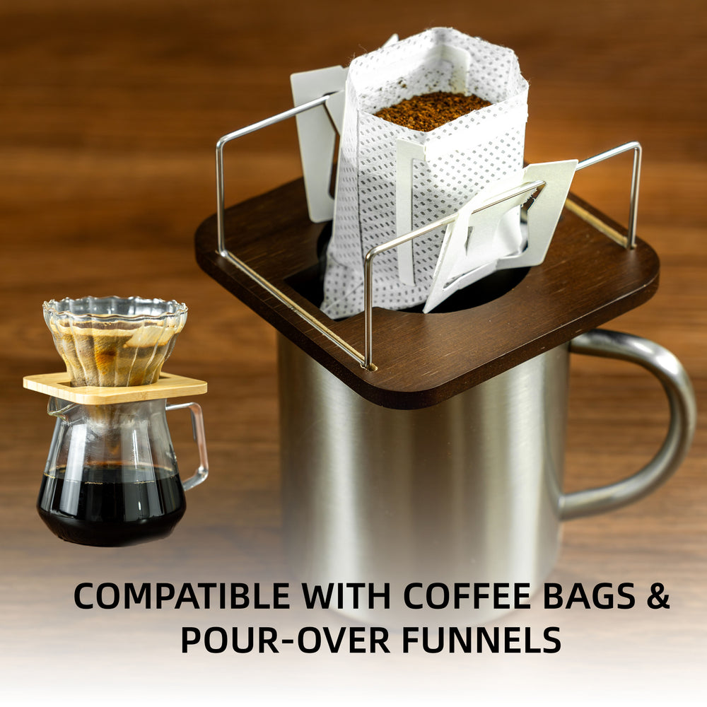 NEOUZA Bamboo & Stainless Steel Coffee Drip Filter Bag  Holder, 2-in-1 Drip Bag Holder & Pour-Over Dripper, Compact for Travel Home Brewing  Multifunctional Coffee Stand